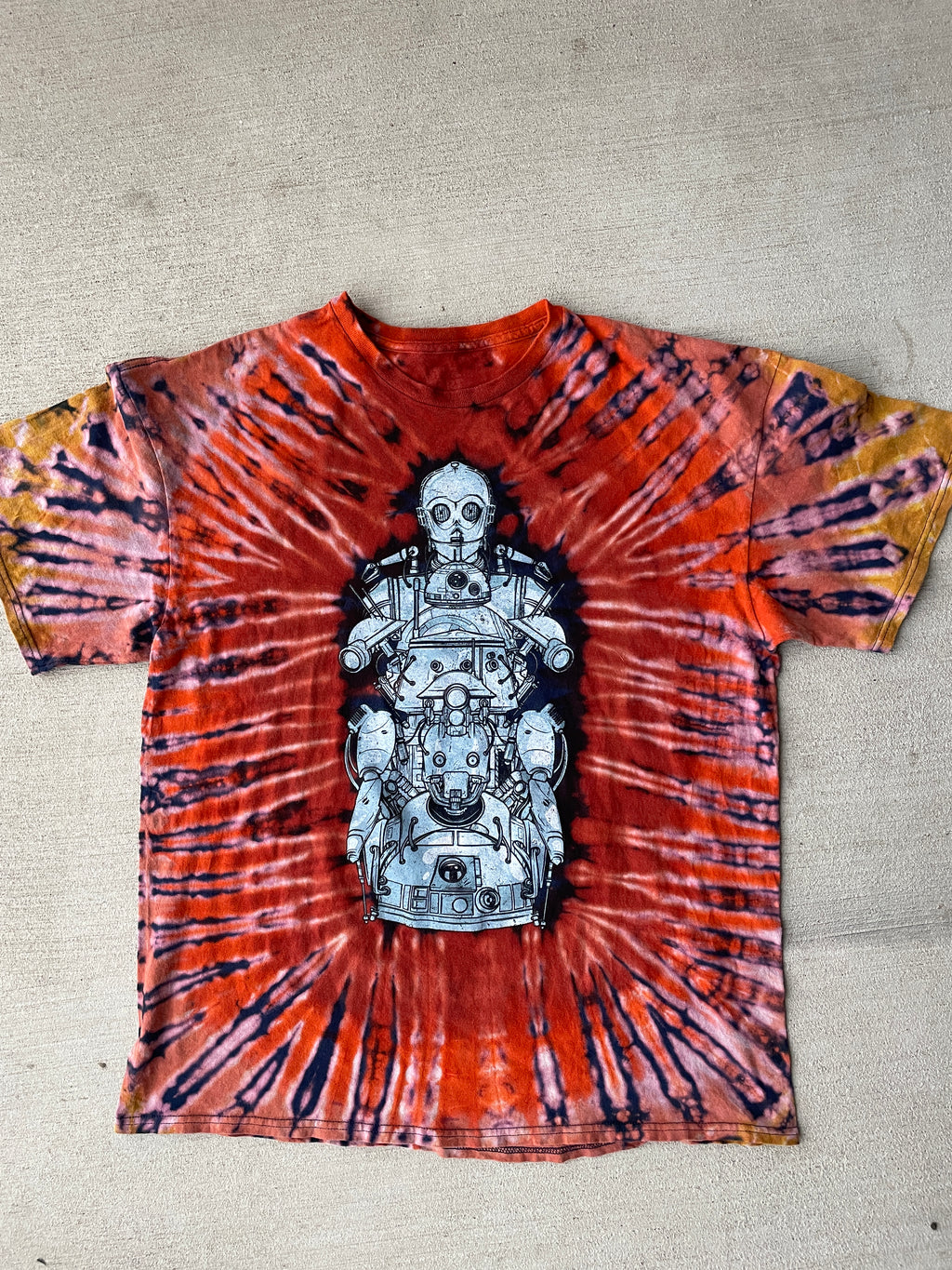 XL Men’s Star Wars Bots Handmade Tie Dye T-Shirt | Warm Earth Tones Reverse Tie Dye Short Sleeve