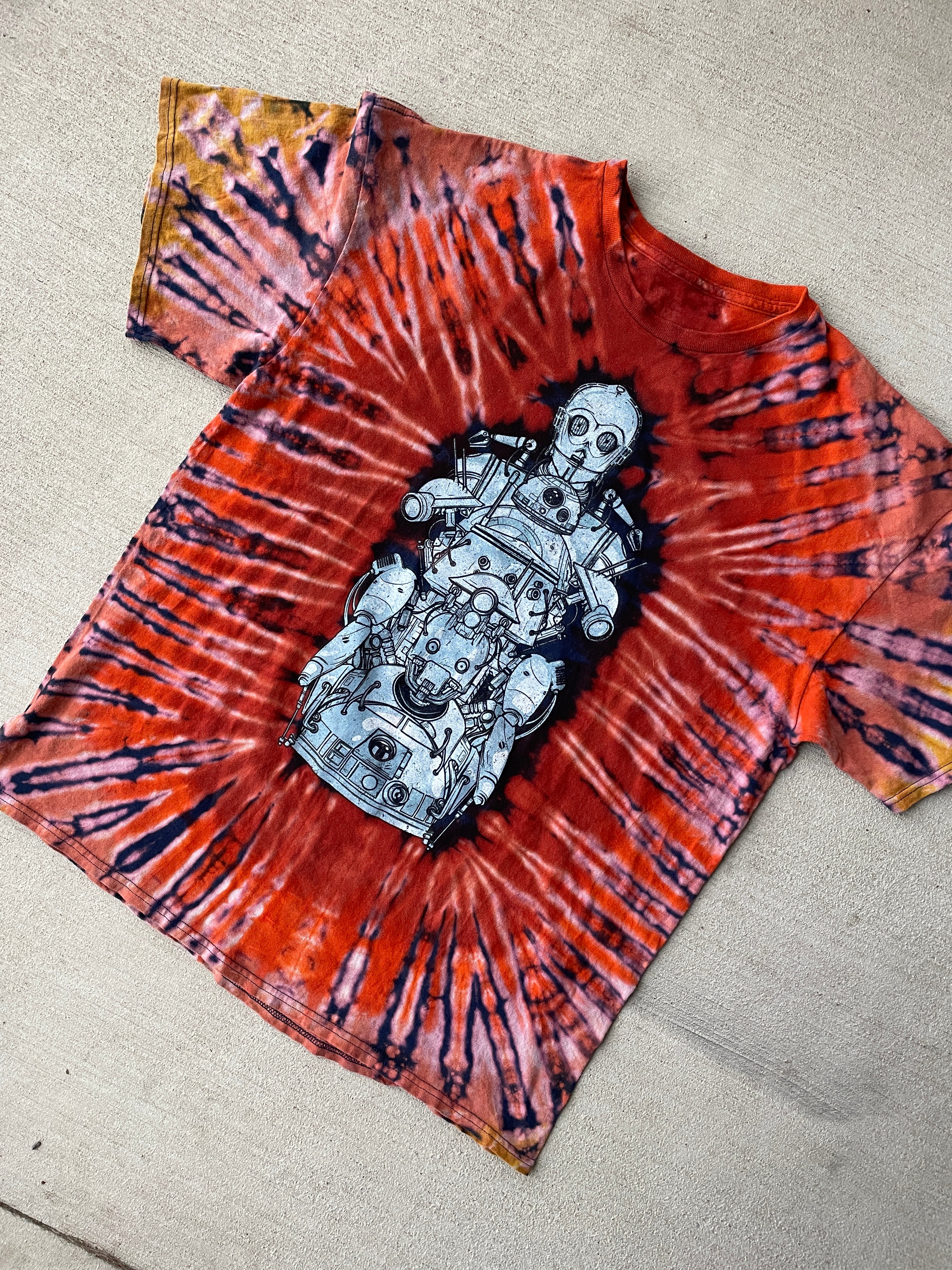 XL Men’s Star Wars Bots Handmade Tie Dye T-Shirt | Warm Earth Tones Reverse Tie Dye Short Sleeve