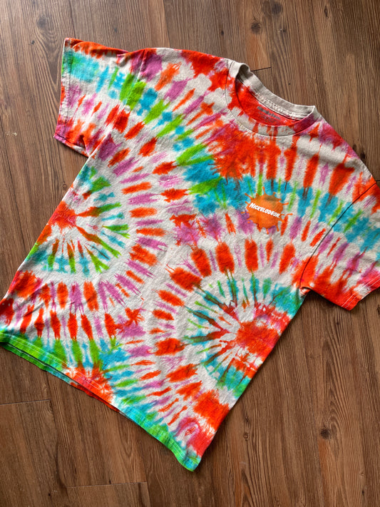 MEDIUM Men’s Nickelodeon Handmade Tie Dye T-Shirt | Retro 90s Multicolor Pleated Short Sleeve Tee