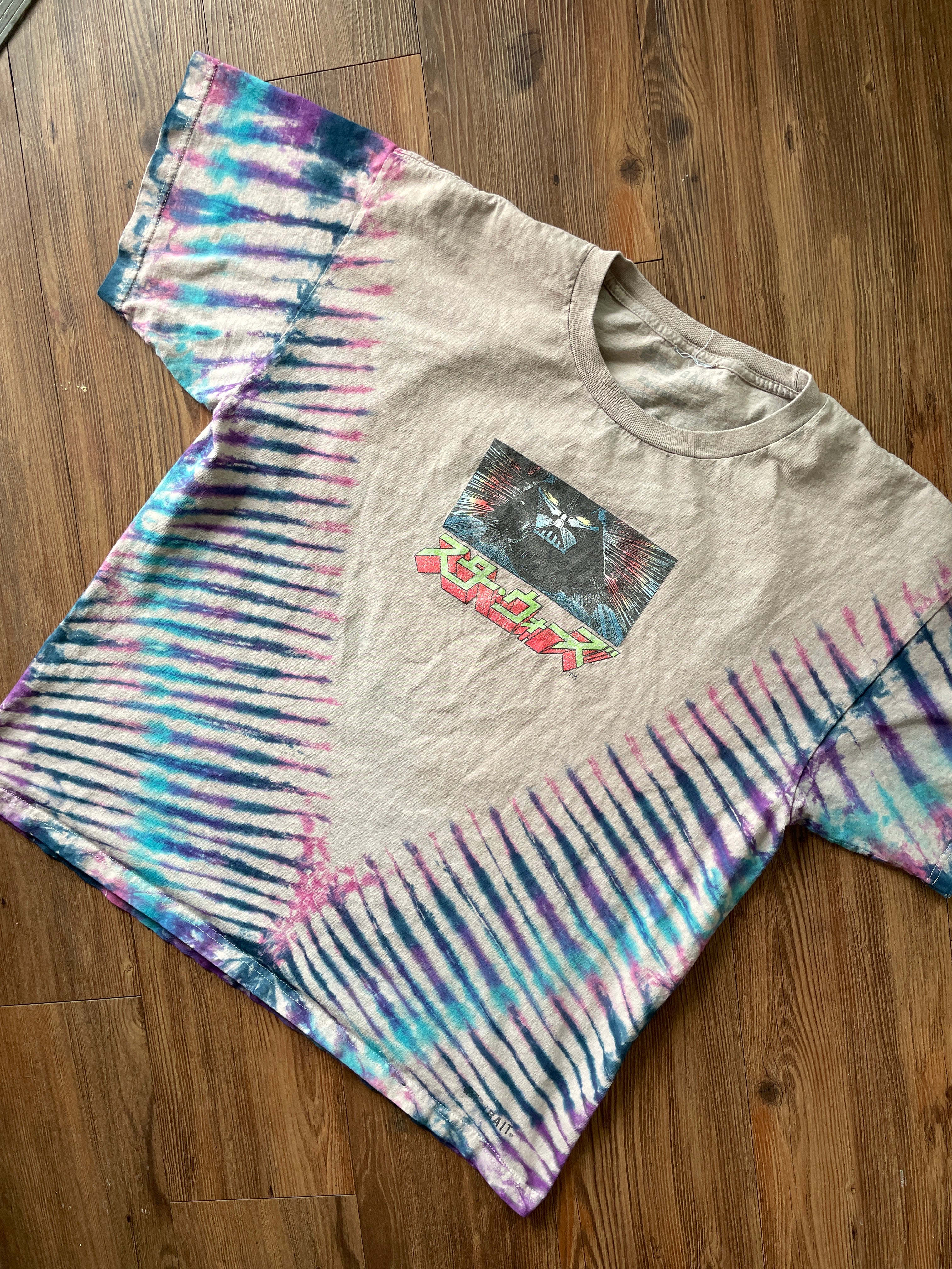2XL Men’s Star Wars Darth Vader Handmade Tie Dye T-Shirt | Gray, Purple, and Blue Pleated Short Sleeve Tee