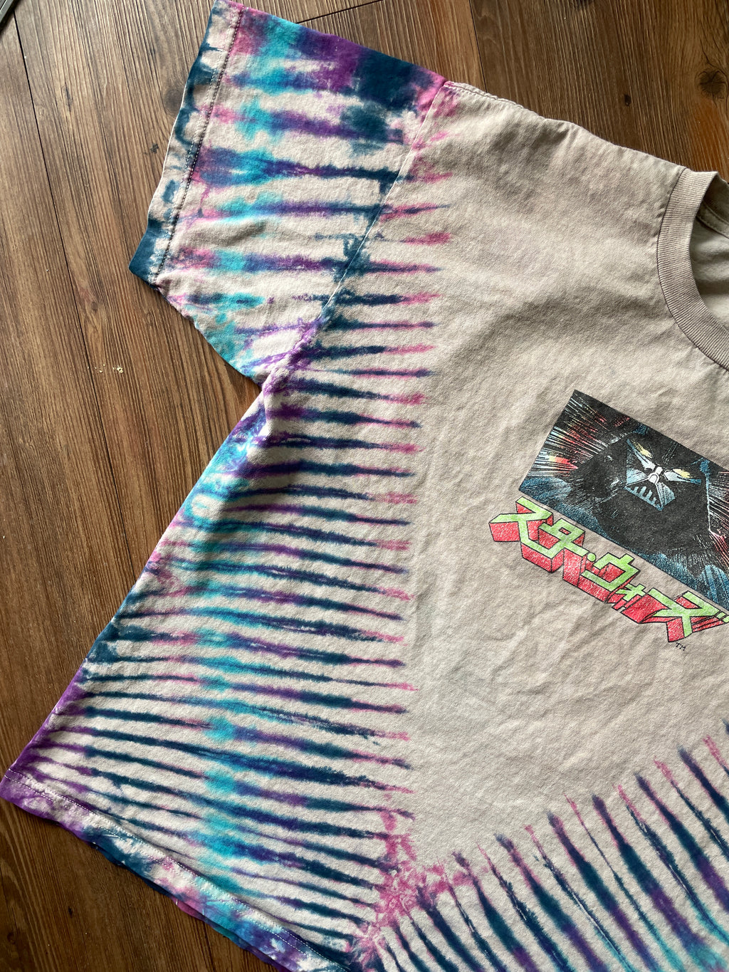 2XL Men’s Star Wars Darth Vader Handmade Tie Dye T-Shirt | Gray, Purple, and Blue Pleated Short Sleeve Tee