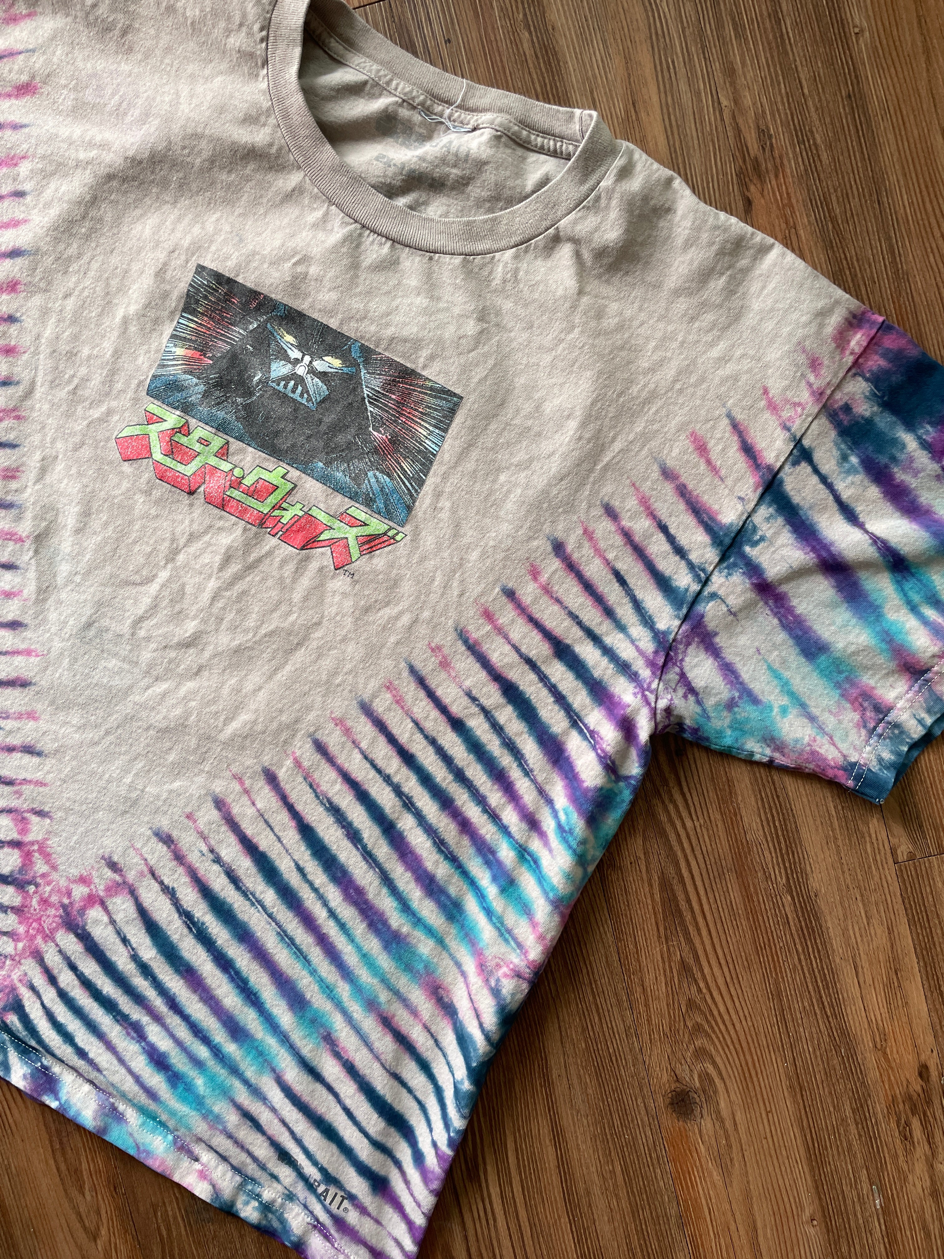 2XL Men’s Star Wars Darth Vader Handmade Tie Dye T-Shirt | Gray, Purple, and Blue Pleated Short Sleeve Tee