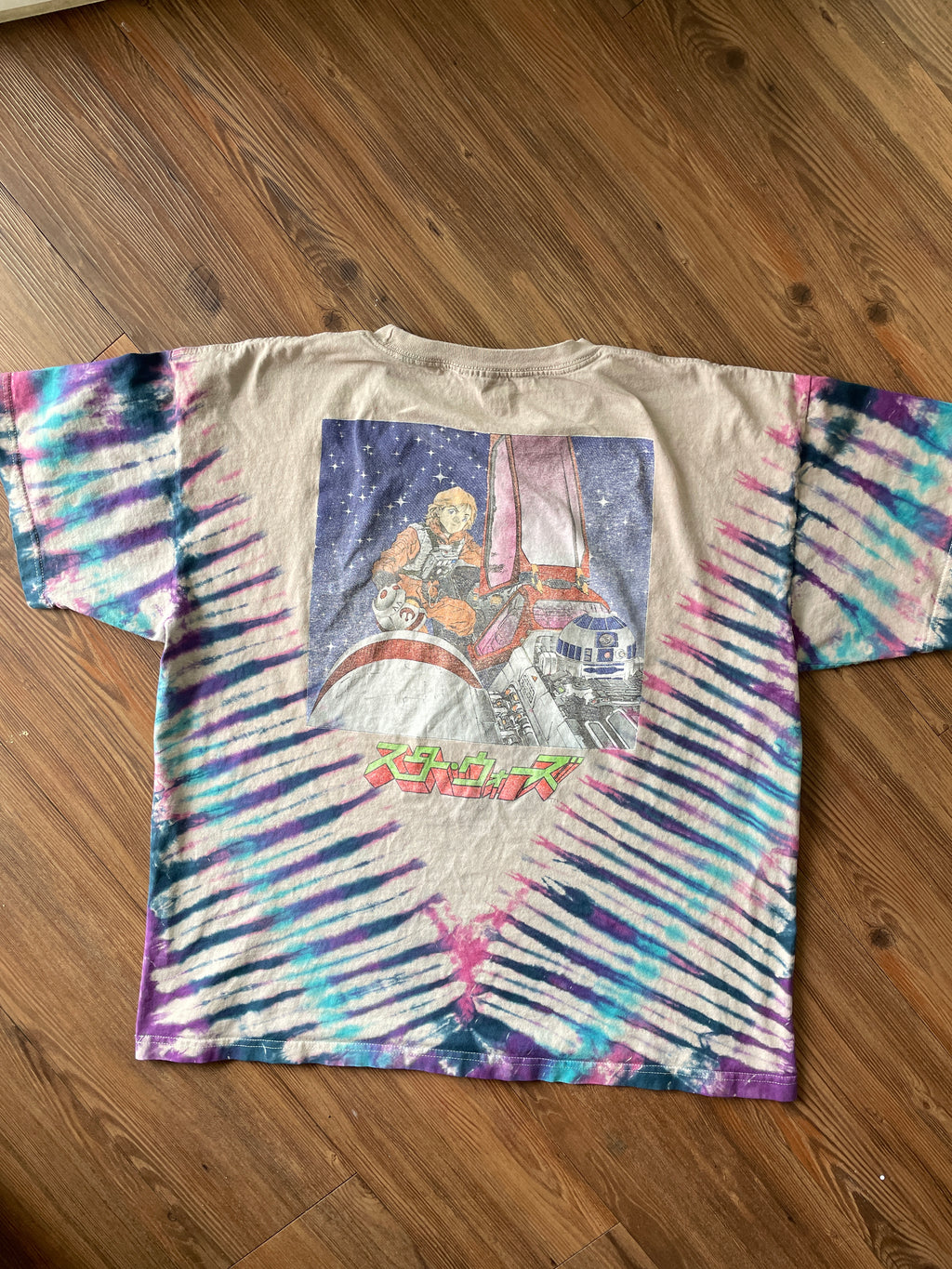 2XL Men’s Star Wars Darth Vader Handmade Tie Dye T-Shirt | Gray, Purple, and Blue Pleated Short Sleeve Tee