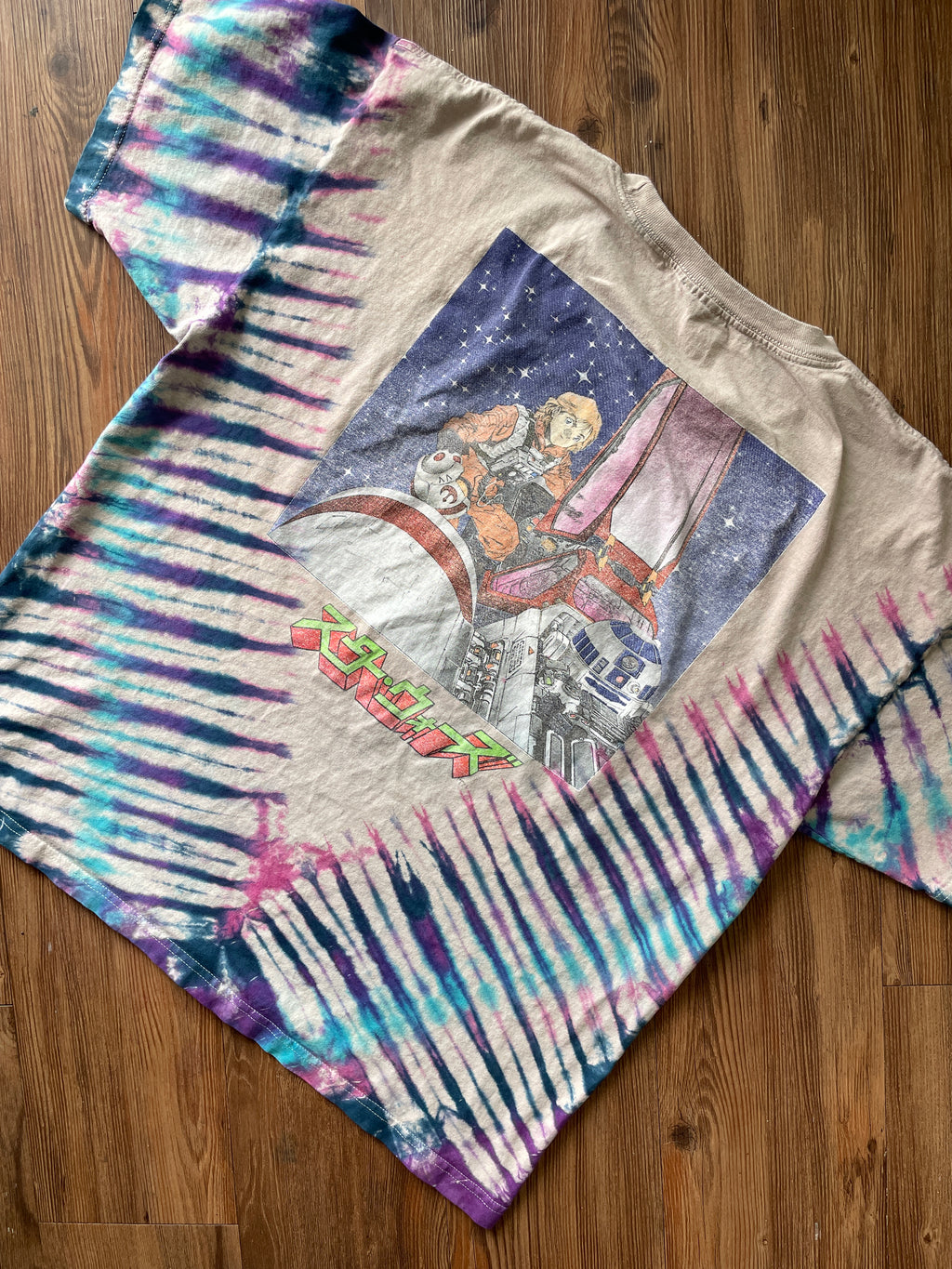 2XL Men’s Star Wars Darth Vader Handmade Tie Dye T-Shirt | Gray, Purple, and Blue Pleated Short Sleeve Tee