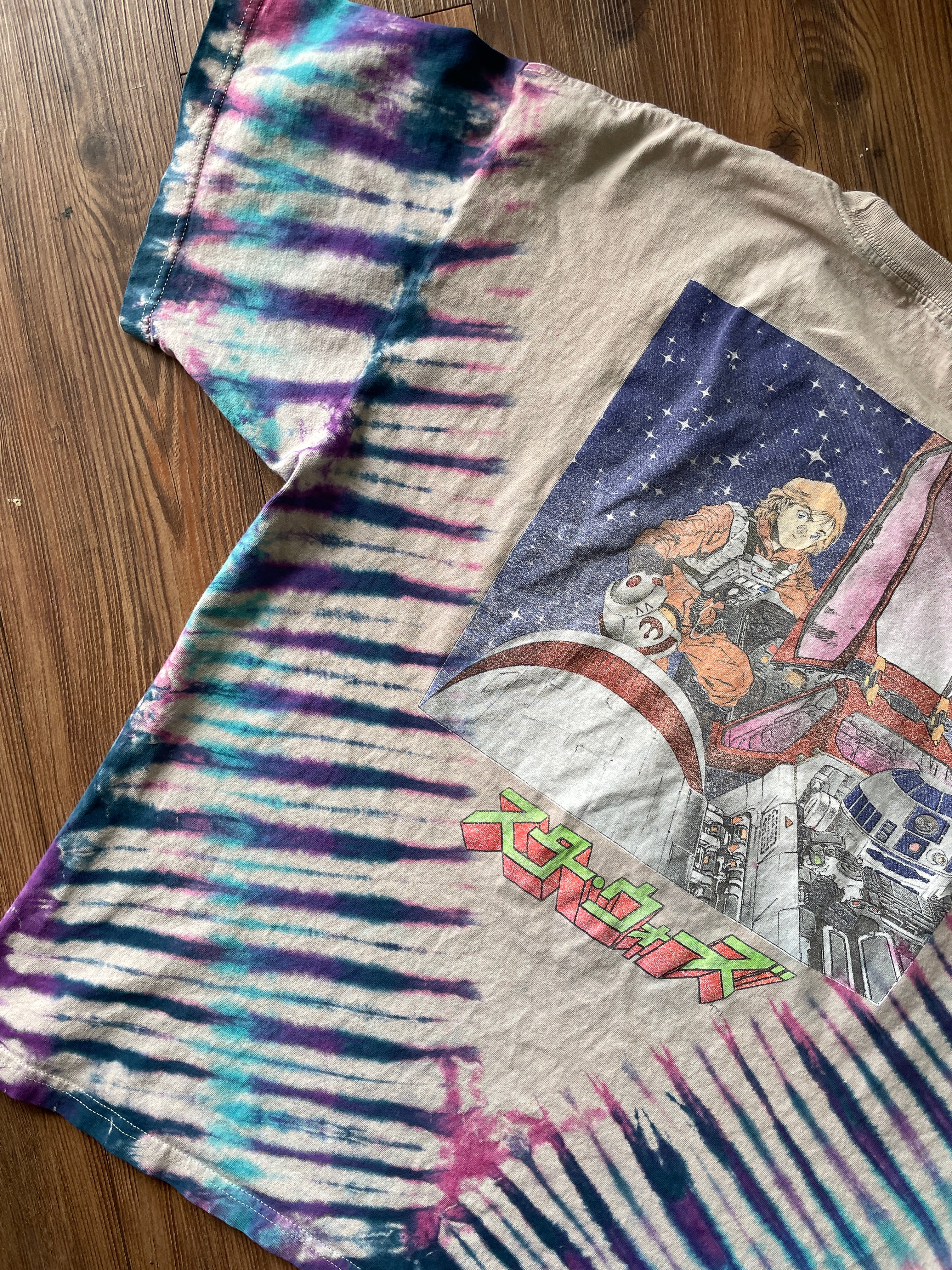 2XL Men’s Star Wars Darth Vader Handmade Tie Dye T-Shirt | Gray, Purple, and Blue Pleated Short Sleeve Tee