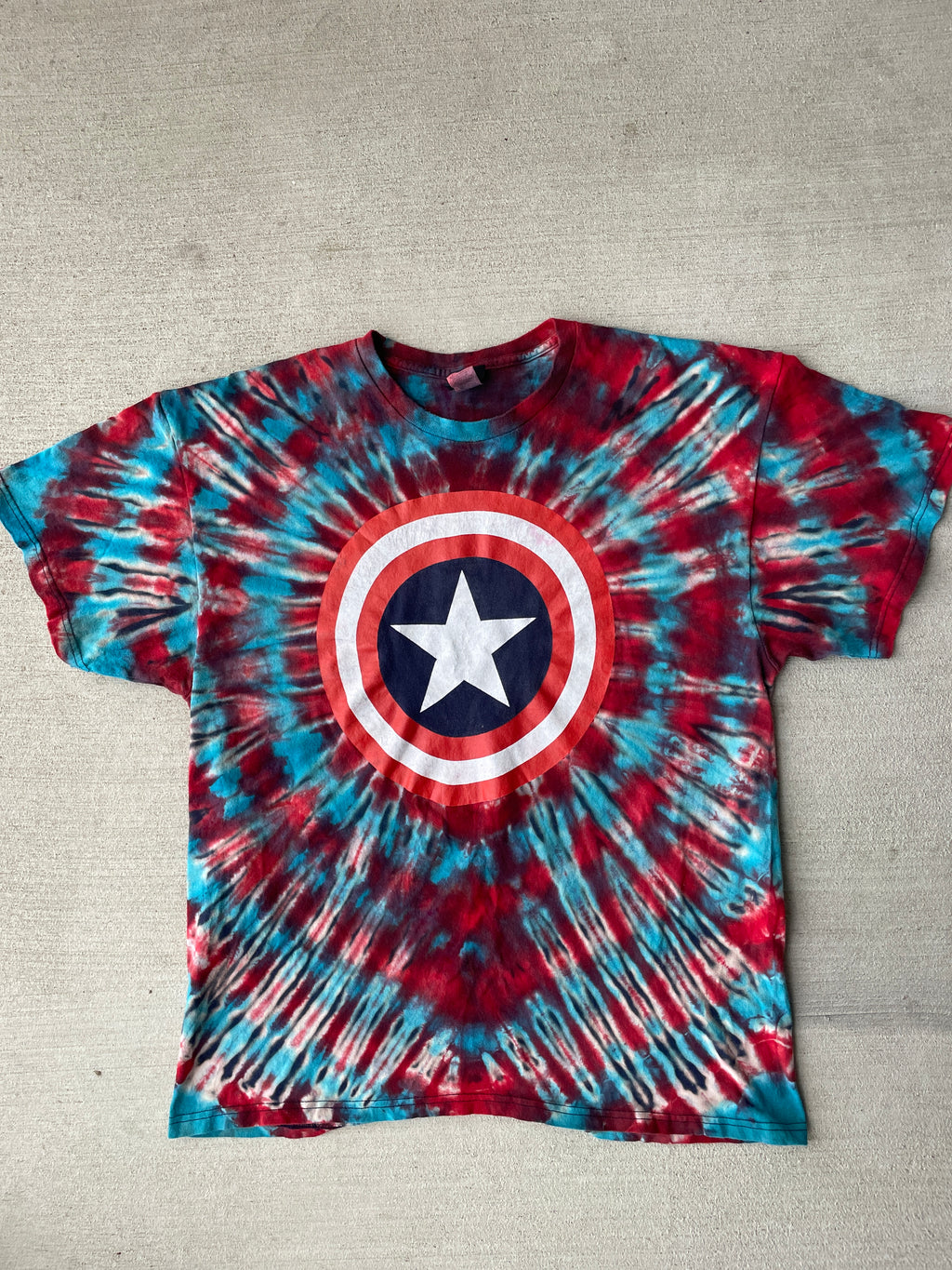 XL Men’s Captain America Handmade Tie Dye T-Shirt | Marvel Red, White, and Blue Reverse Tie Dye Short Sleeve