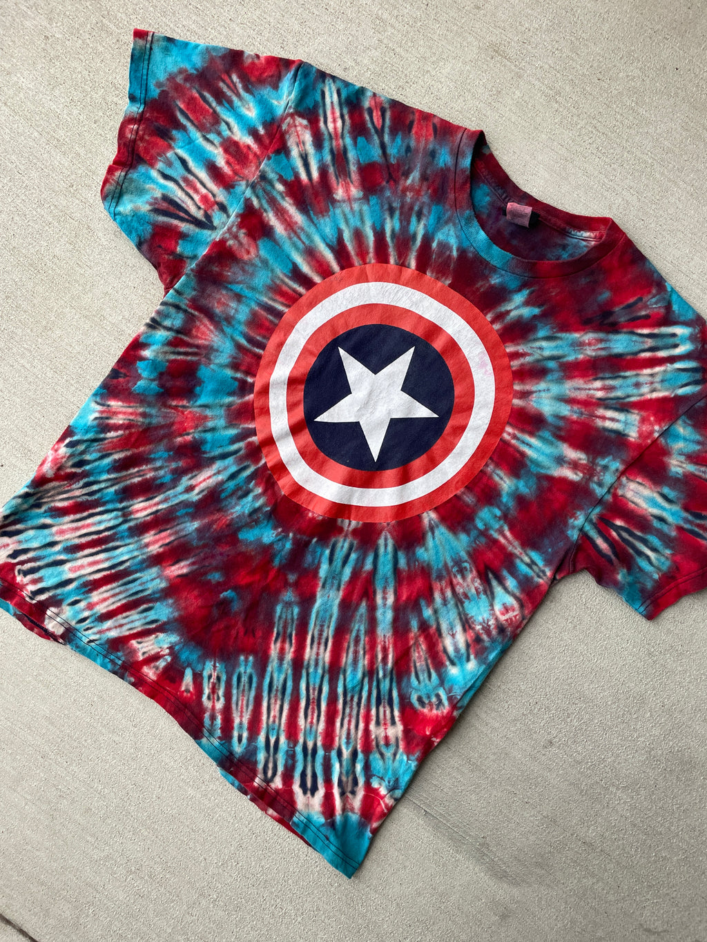 XL Men’s Captain America Handmade Tie Dye T-Shirt | Marvel Red, White, and Blue Reverse Tie Dye Short Sleeve