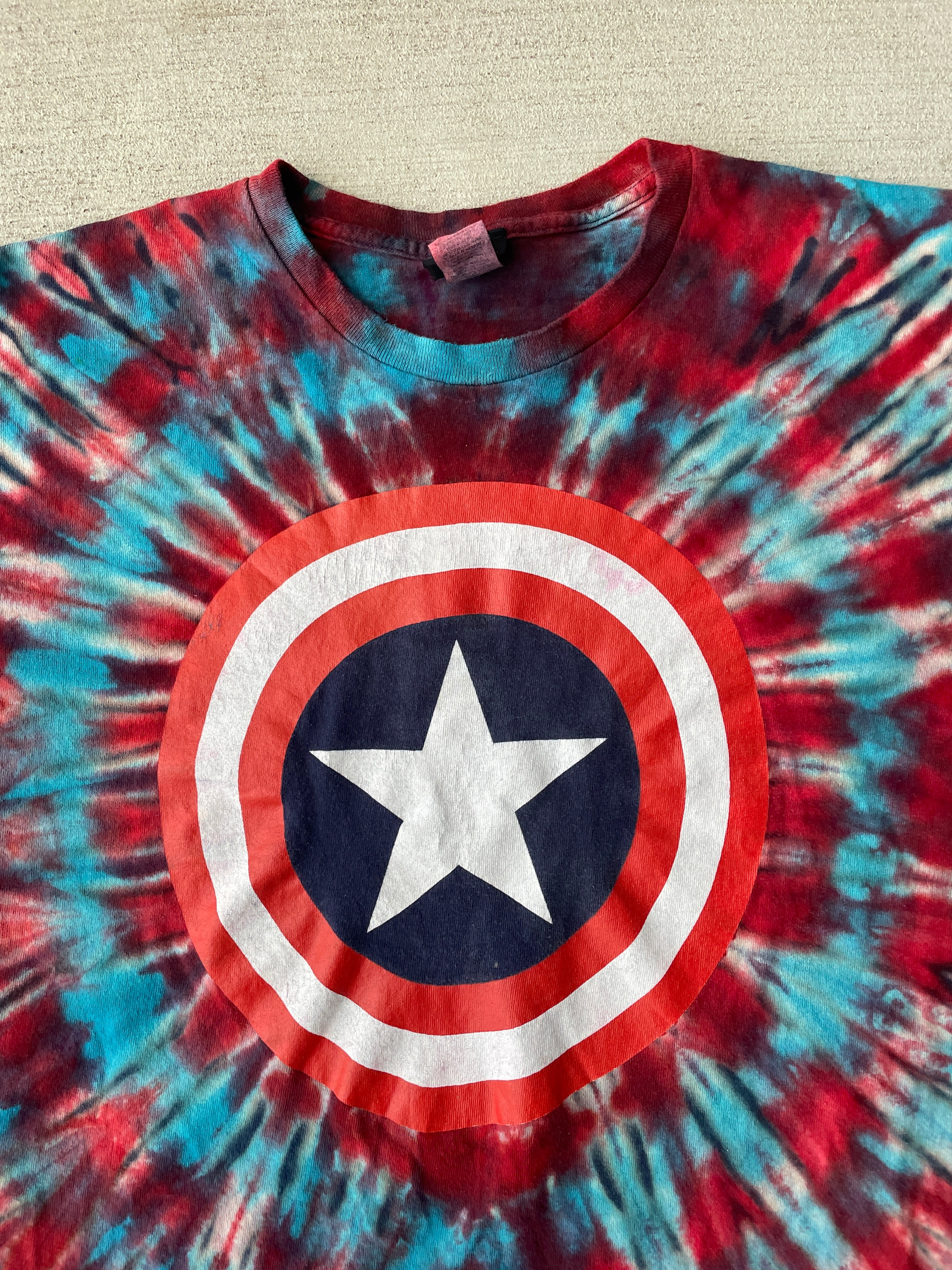 XL Men’s Captain America Handmade Tie Dye T-Shirt | Marvel Red, White, and Blue Reverse Tie Dye Short Sleeve