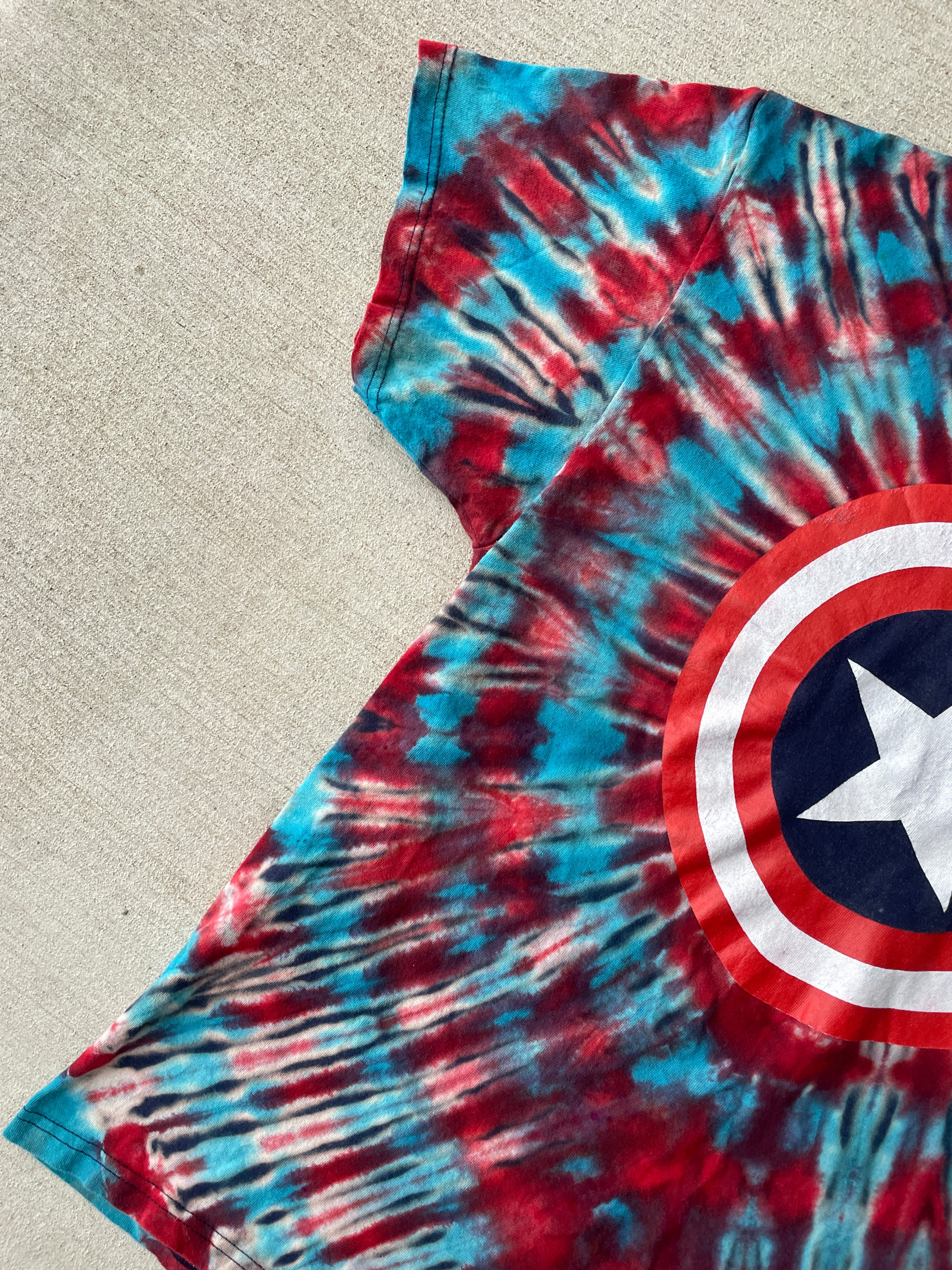 XL Men’s Captain America Handmade Tie Dye T-Shirt | Marvel Red, White, and Blue Reverse Tie Dye Short Sleeve