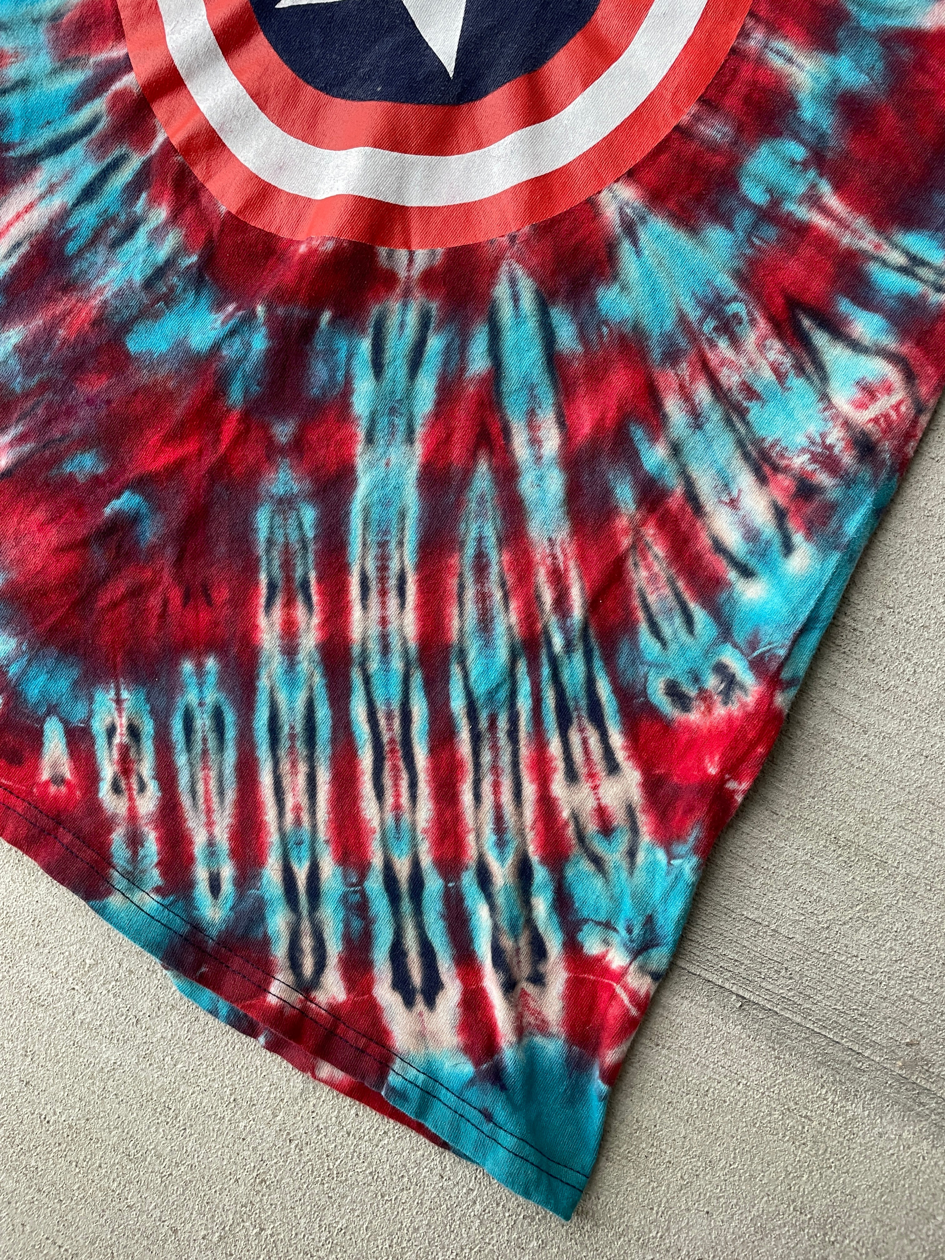 XL Men’s Captain America Handmade Tie Dye T-Shirt | Marvel Red, White, and Blue Reverse Tie Dye Short Sleeve