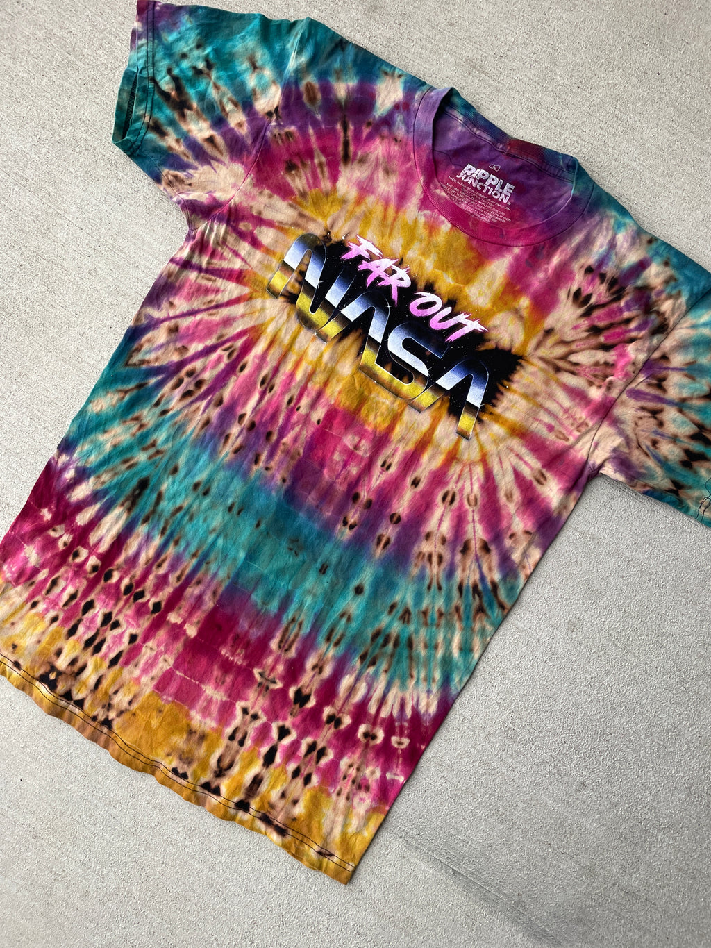 Large Men’s NASA Far Out Handmade Tie Dye T-Shirt | Pink, Purple, and Blue Reverse Tie Dye Short Sleeve