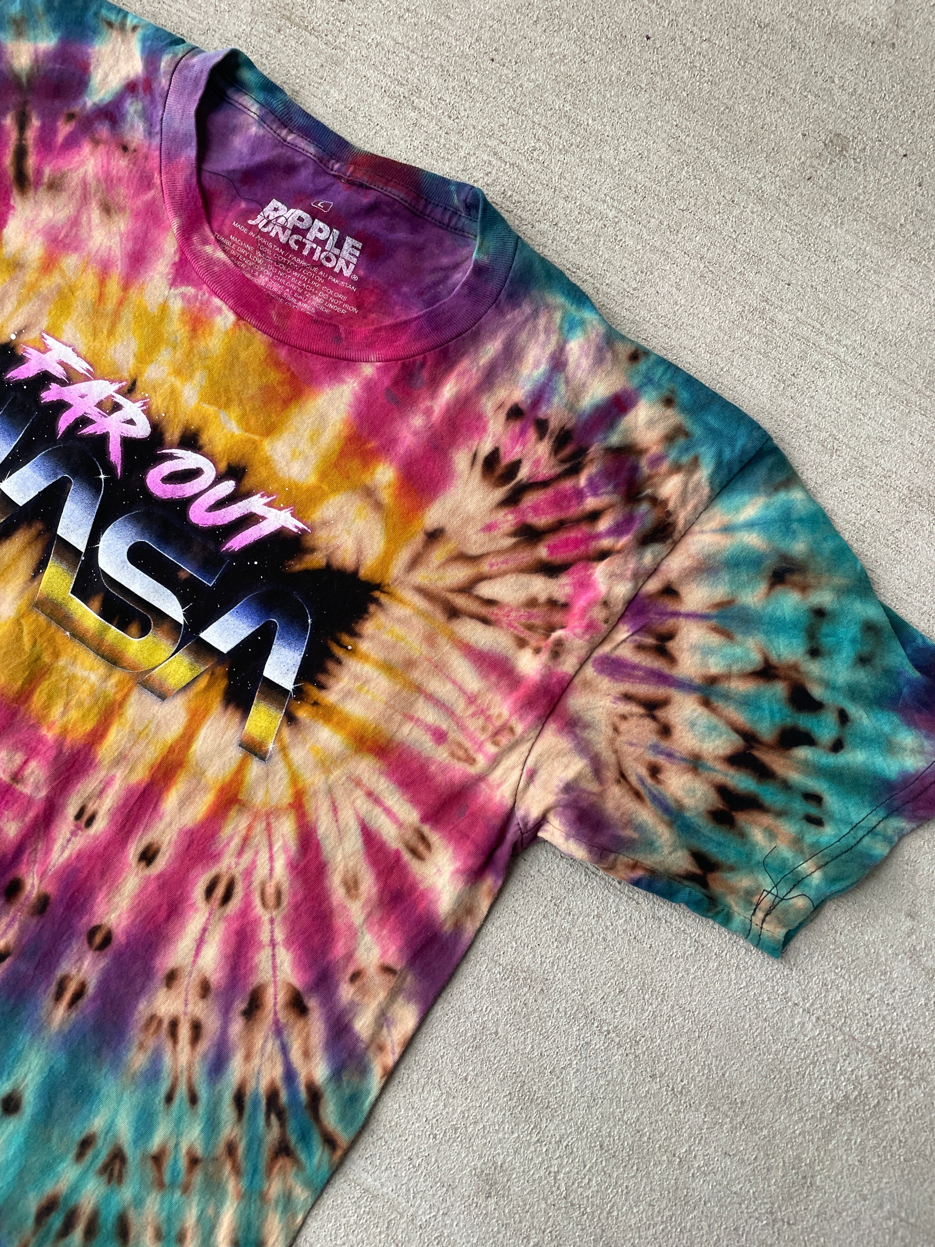 Large Men’s NASA Far Out Handmade Tie Dye T-Shirt | Pink, Purple, and Blue Reverse Tie Dye Short Sleeve
