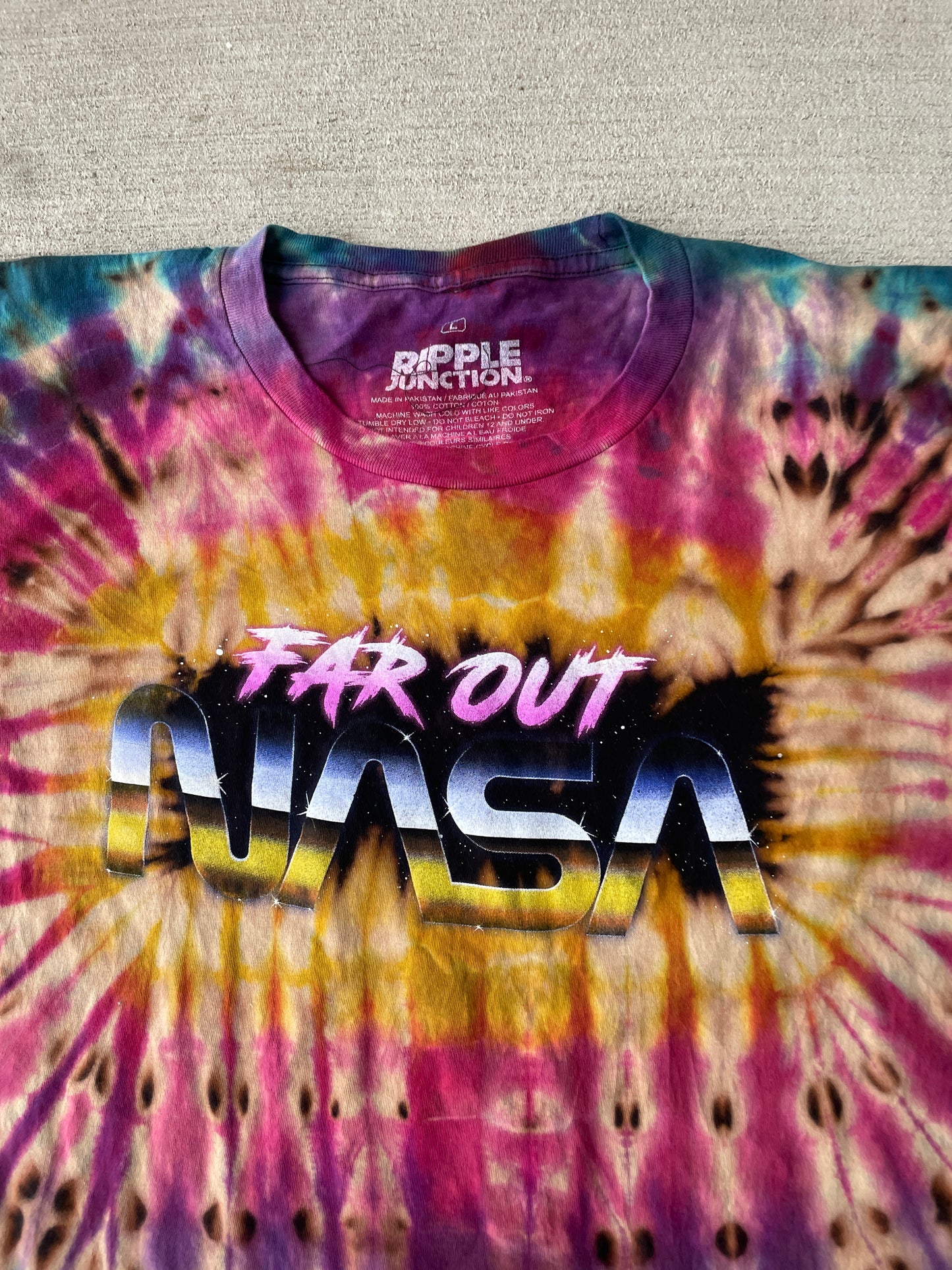 Large Men’s NASA Far Out Handmade Tie Dye T-Shirt | Pink, Purple, and Blue Reverse Tie Dye Short Sleeve