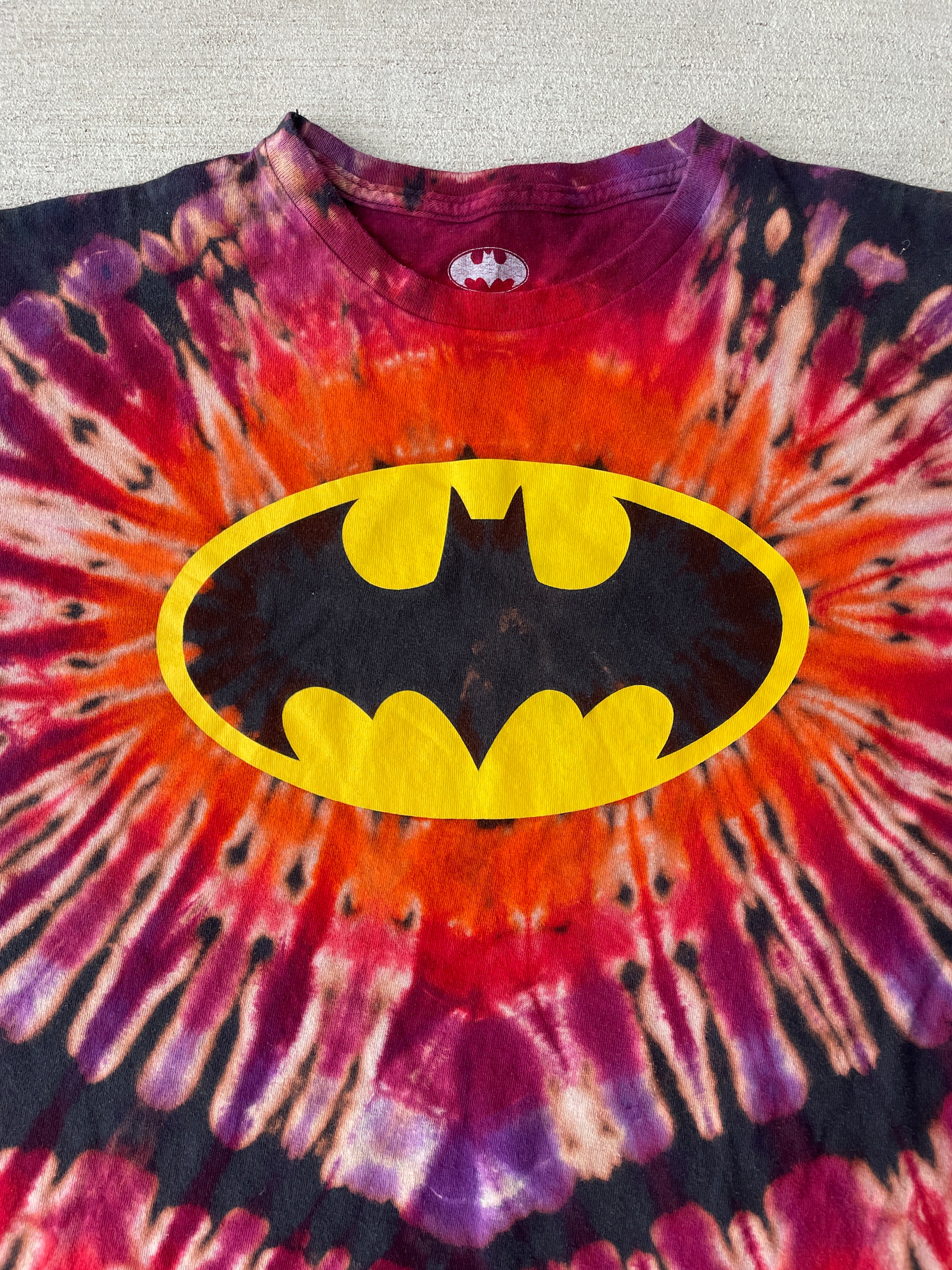 2XL Men’s Batman Handmade Tie Dye T-Shirt | Black and Red Reverse Tie Dye Short Sleeve