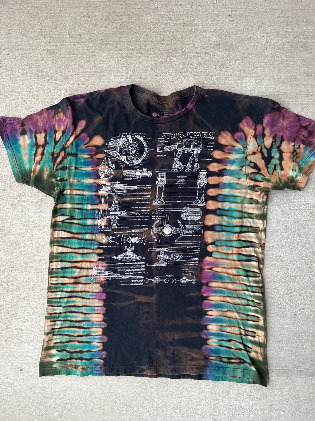 XL Men’s Star Wars Diagrams Handmade Tie Dye T-Shirt | Black and Blue Reverse Tie Dye Short Sleeve