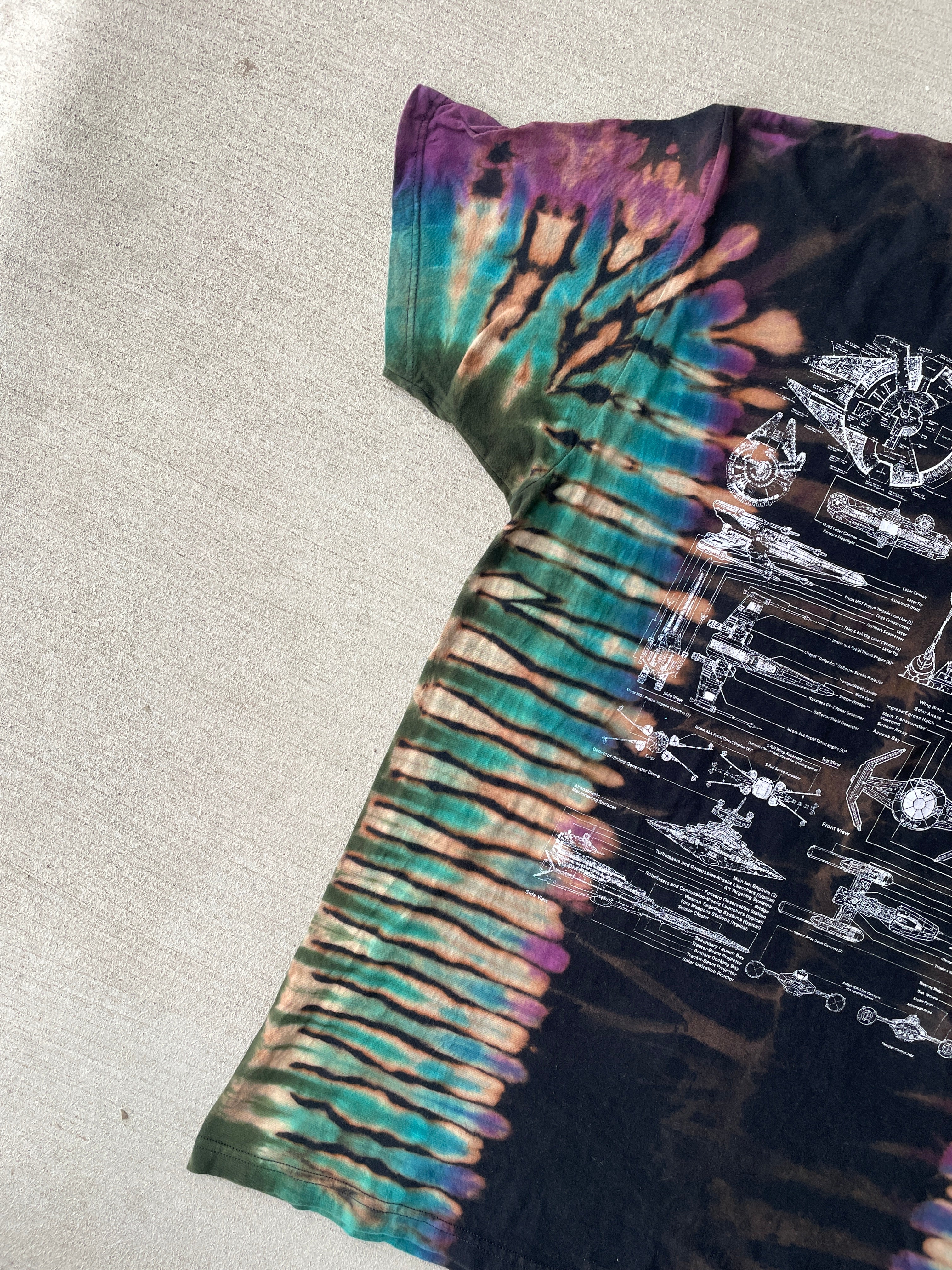 XL Men’s Star Wars Diagrams Handmade Tie Dye T-Shirt | Black and Blue Reverse Tie Dye Short Sleeve