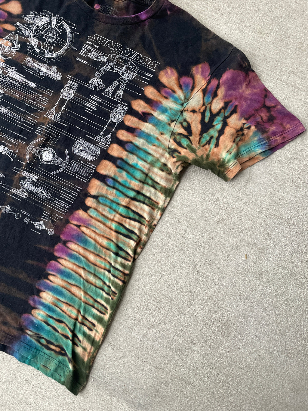 XL Men’s Star Wars Diagrams Handmade Tie Dye T-Shirt | Black and Blue Reverse Tie Dye Short Sleeve