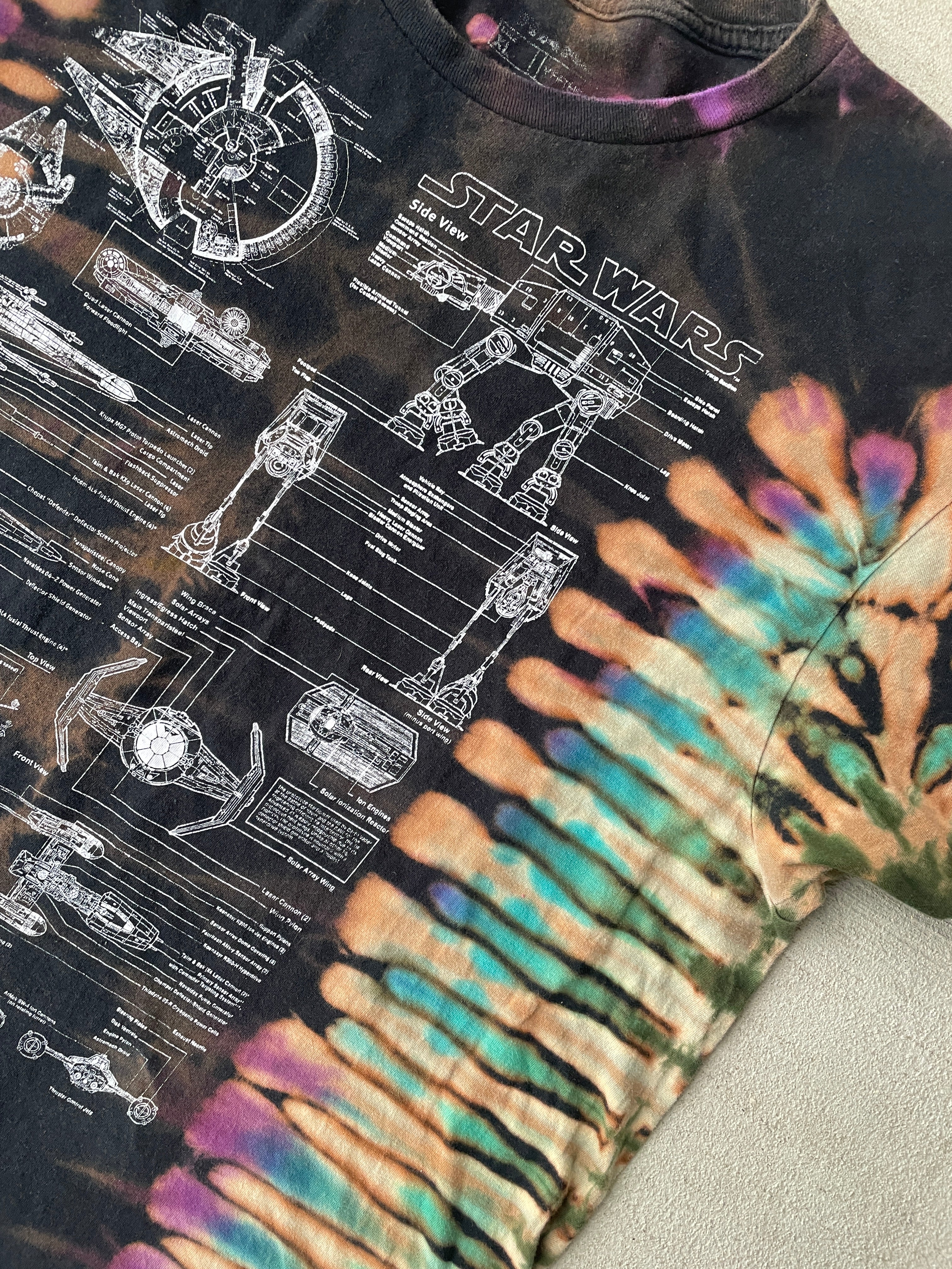 XL Men’s Star Wars Diagrams Handmade Tie Dye T-Shirt | Black and Blue Reverse Tie Dye Short Sleeve