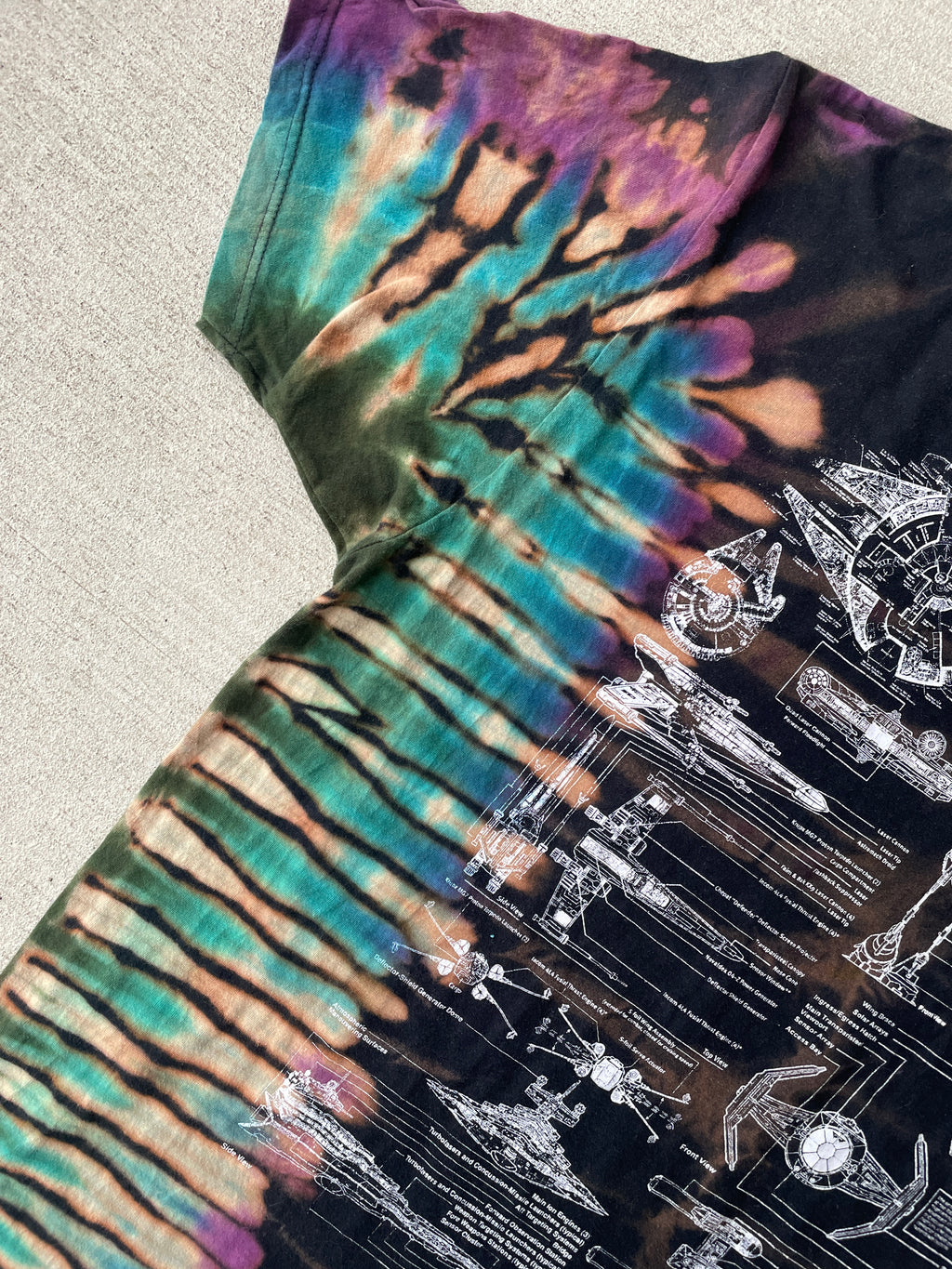 XL Men’s Star Wars Diagrams Handmade Tie Dye T-Shirt | Black and Blue Reverse Tie Dye Short Sleeve