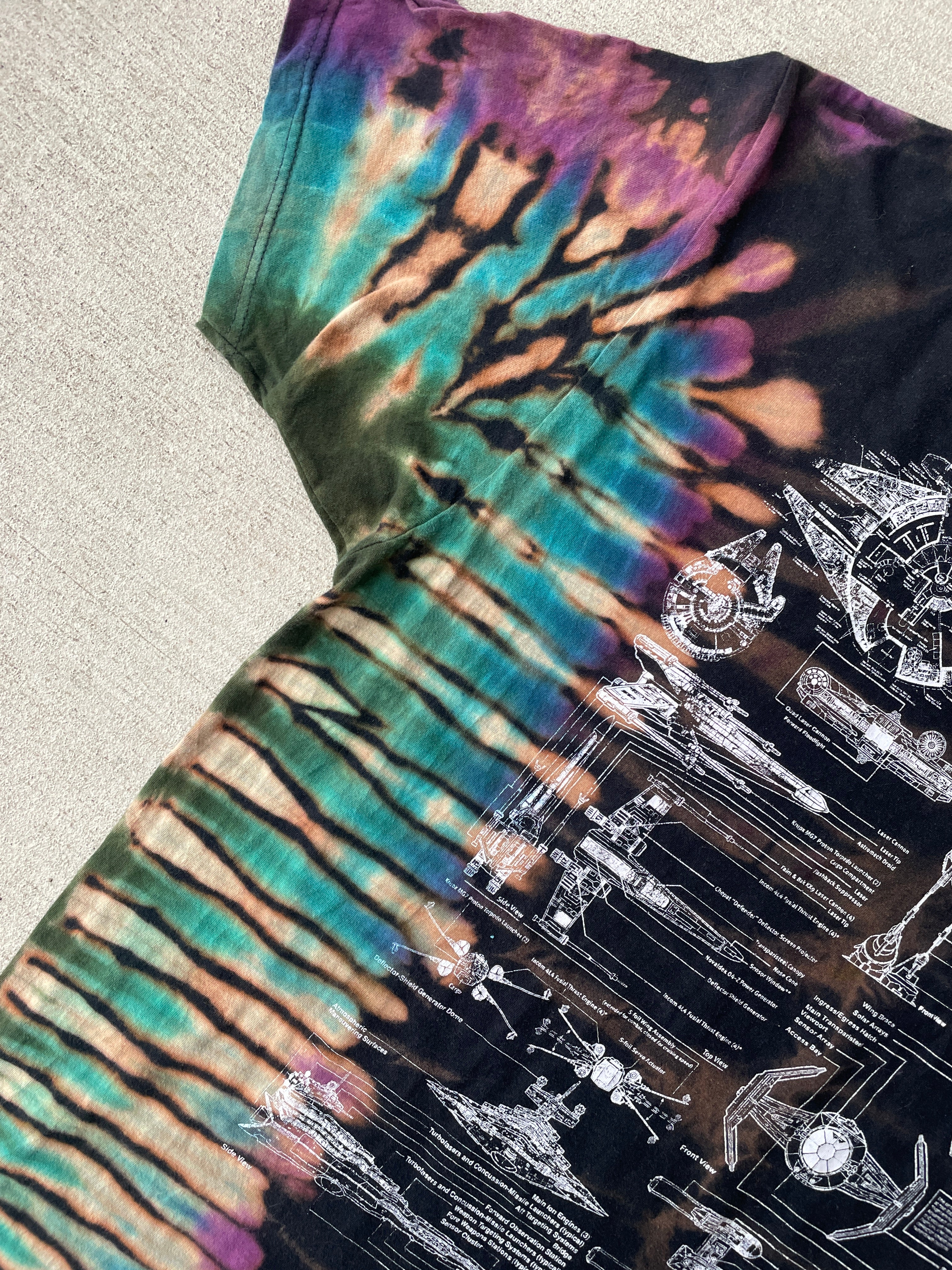 XL Men’s Star Wars Diagrams Handmade Tie Dye T-Shirt | Black and Blue Reverse Tie Dye Short Sleeve