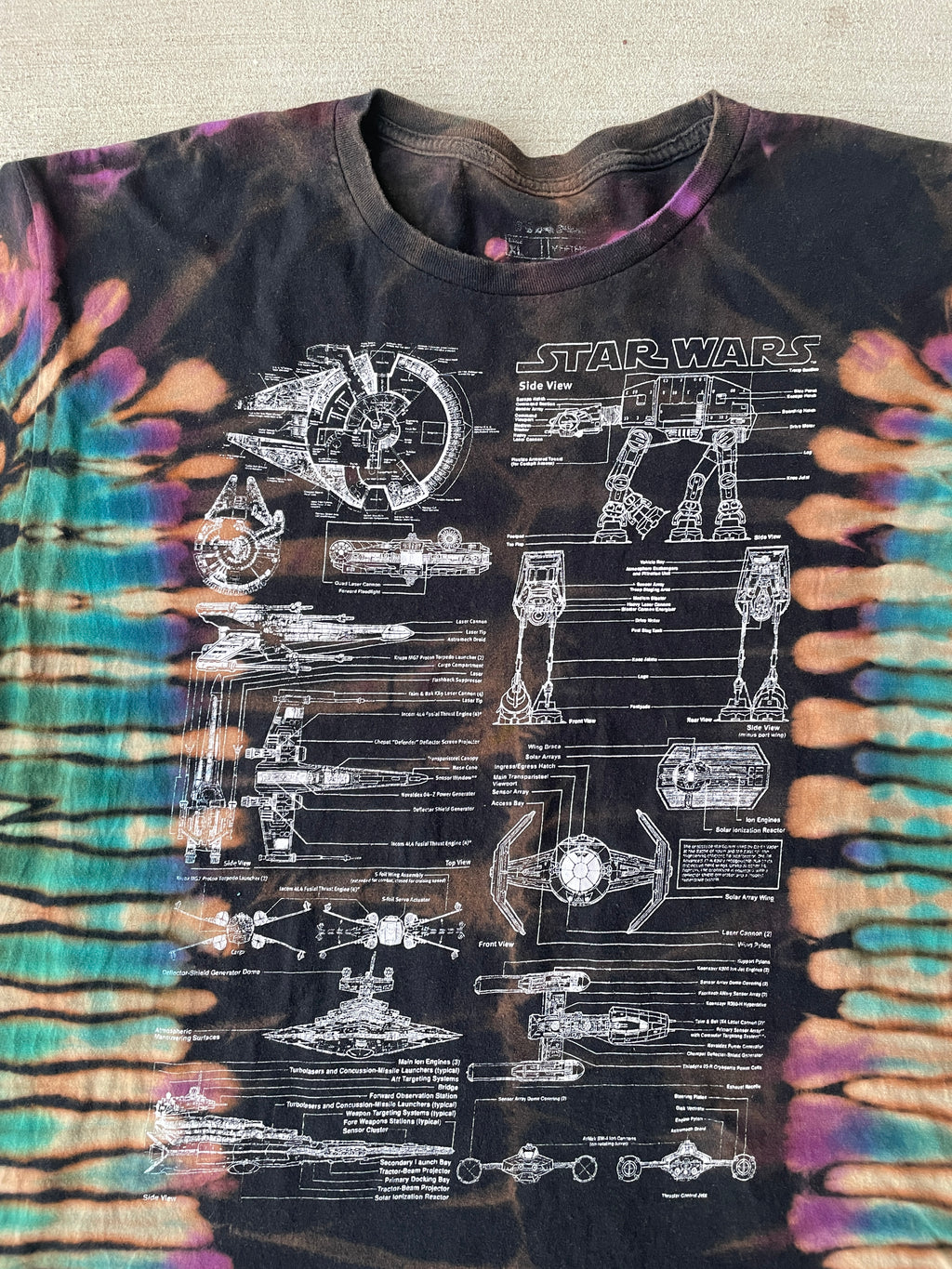 XL Men’s Star Wars Diagrams Handmade Tie Dye T-Shirt | Black and Blue Reverse Tie Dye Short Sleeve