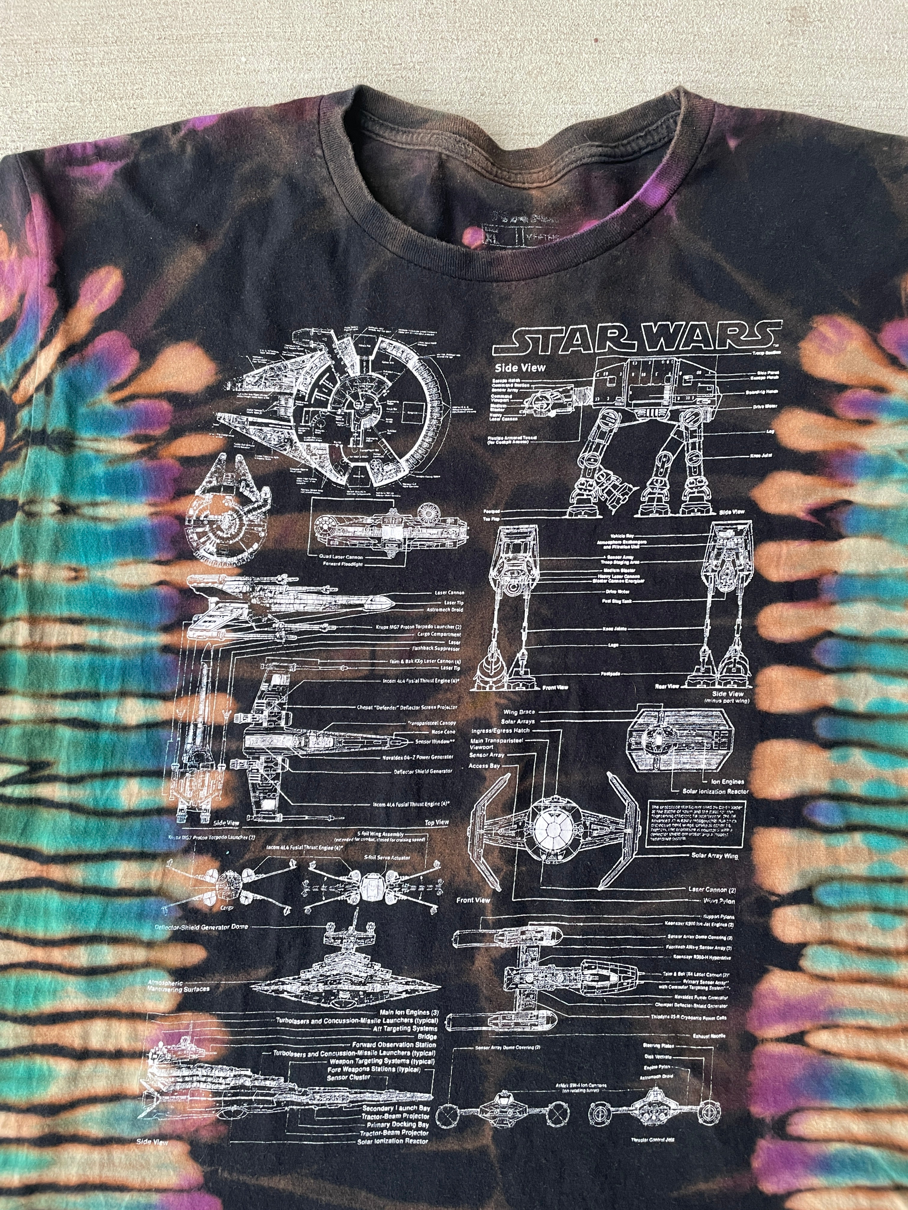 XL Men’s Star Wars Diagrams Handmade Tie Dye T-Shirt | Black and Blue Reverse Tie Dye Short Sleeve