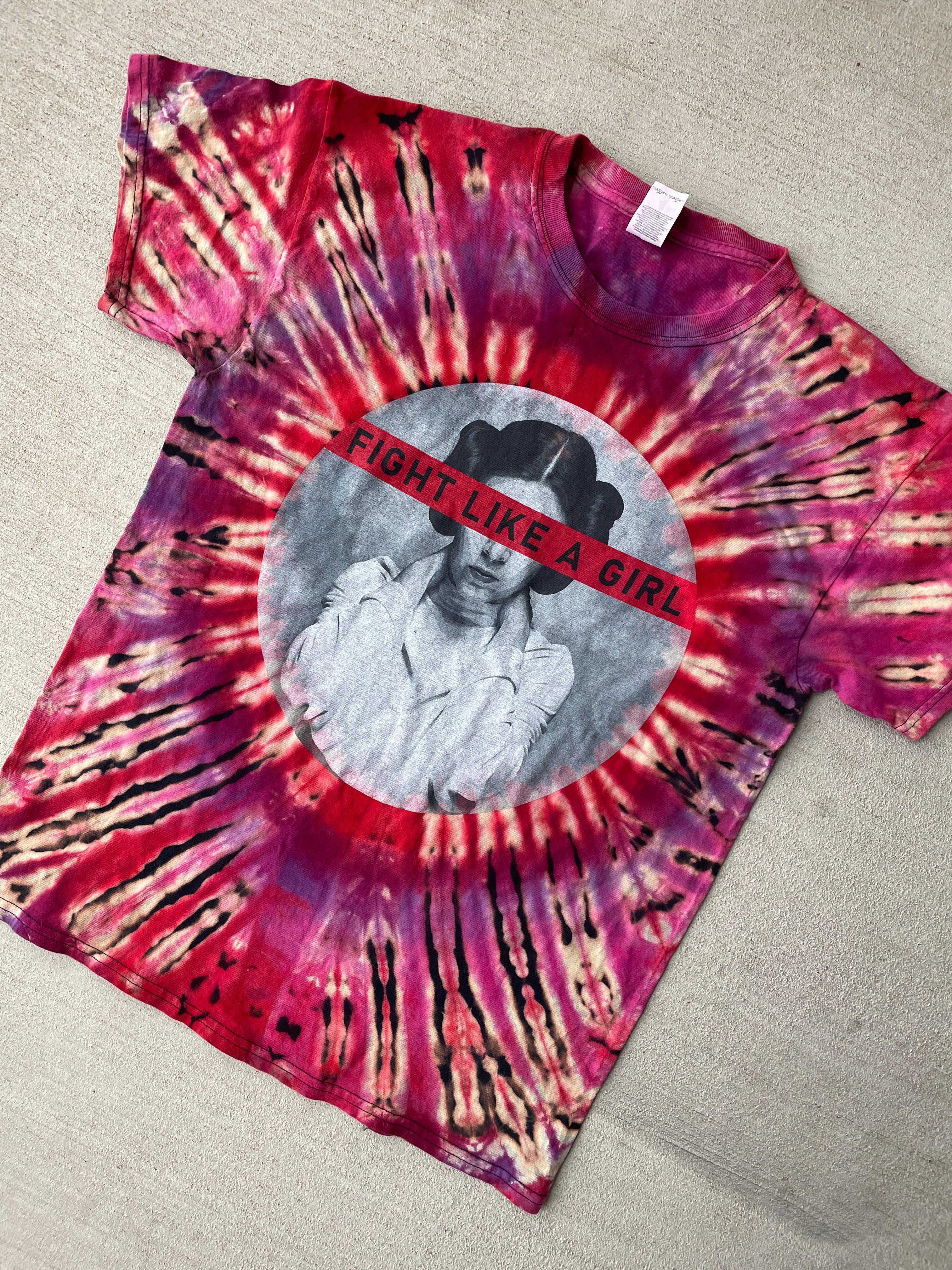 Large Men’s Princess Leia Fight Like a Girl Handmade Tie Dye T-Shirt | Star Wars Reverse Tie Dye Short Sleeve