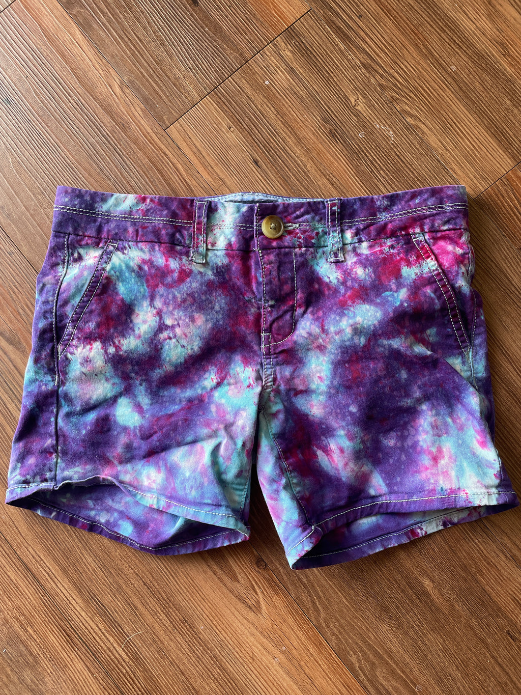 Size 0 Junior's Galaxy  Handmade Tie Dye Shorts | Purple Upcycled American Eagle Midi Shorts WITH POCKETS!