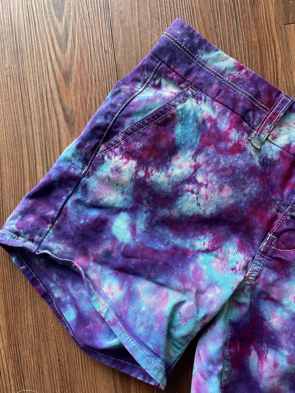 Size 0 Junior's Galaxy  Handmade Tie Dye Shorts | Purple Upcycled American Eagle Midi Shorts WITH POCKETS!