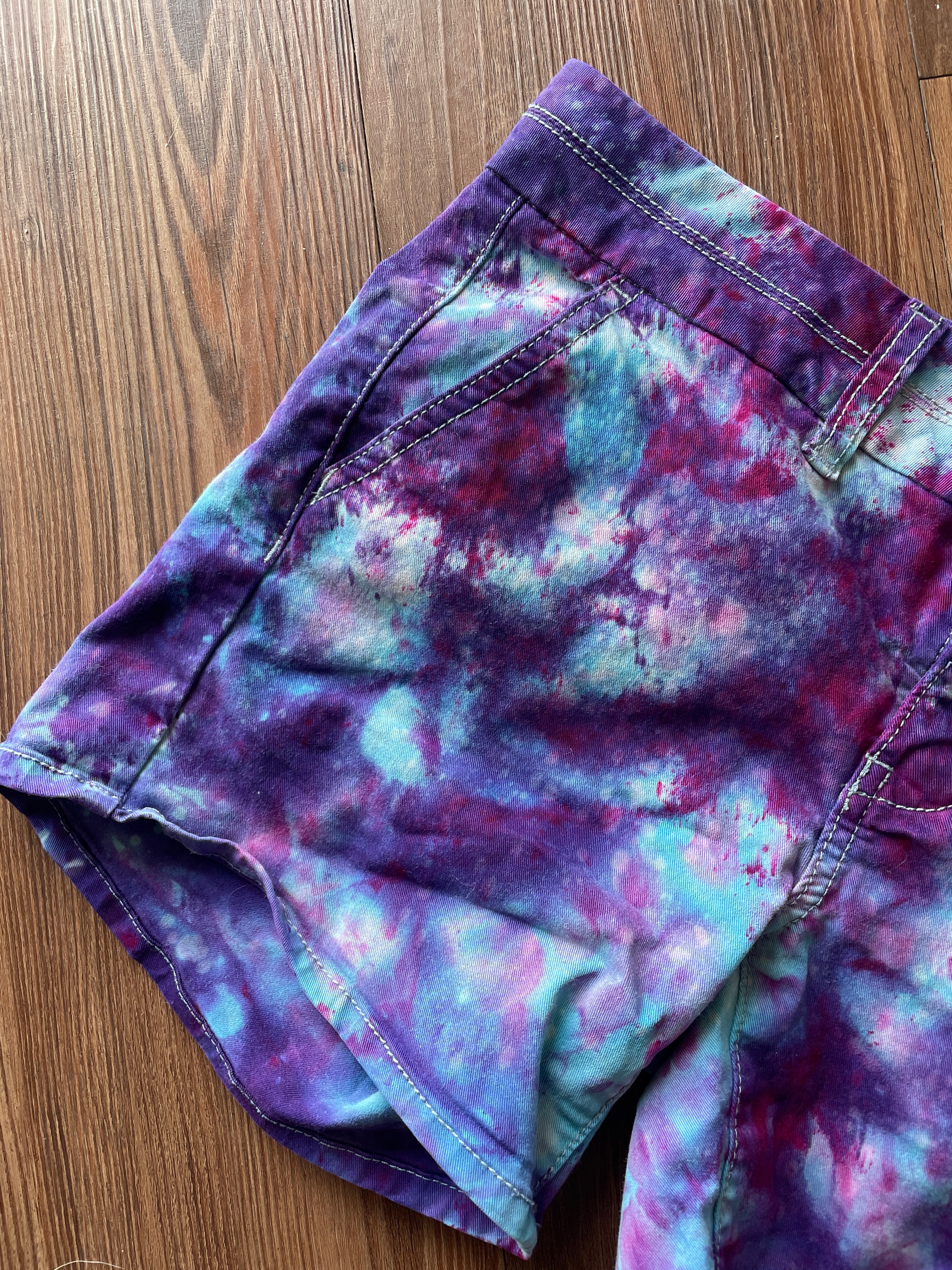 Size 0 Junior's Galaxy  Handmade Tie Dye Shorts | Purple Upcycled American Eagle Midi Shorts WITH POCKETS!