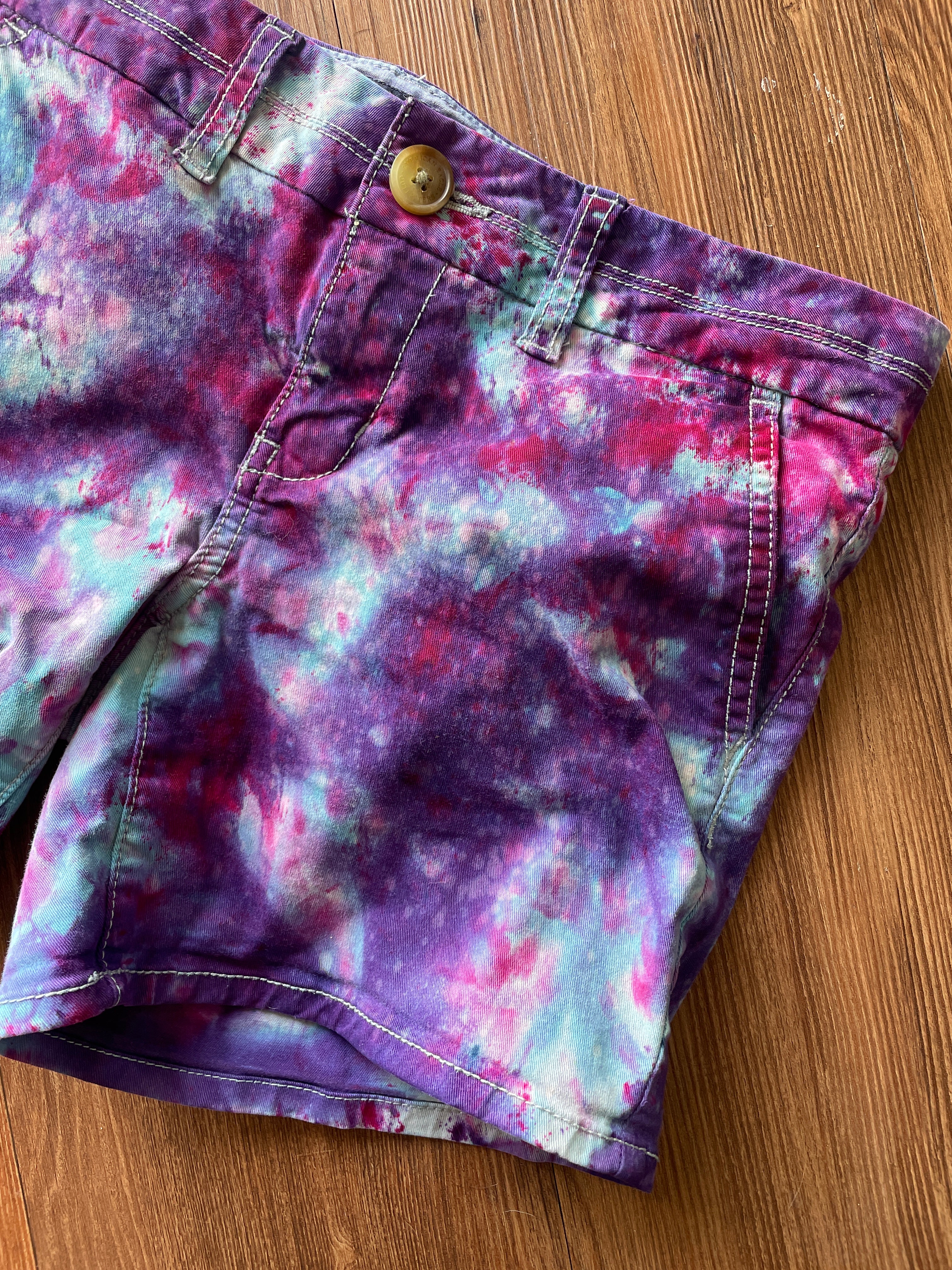 Size 0 Junior's Galaxy  Handmade Tie Dye Shorts | Purple Upcycled American Eagle Midi Shorts WITH POCKETS!