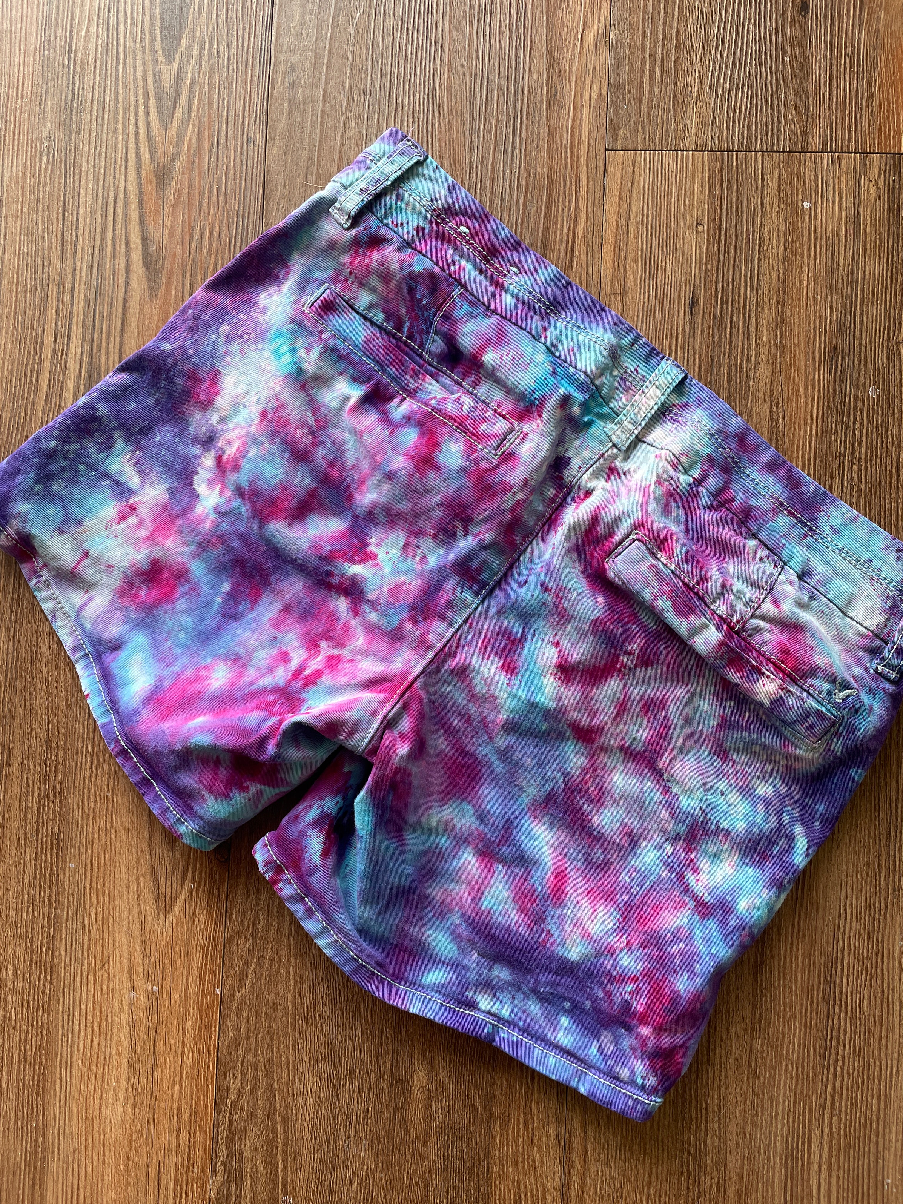 Size 0 Junior's Galaxy  Handmade Tie Dye Shorts | Purple Upcycled American Eagle Midi Shorts WITH POCKETS!