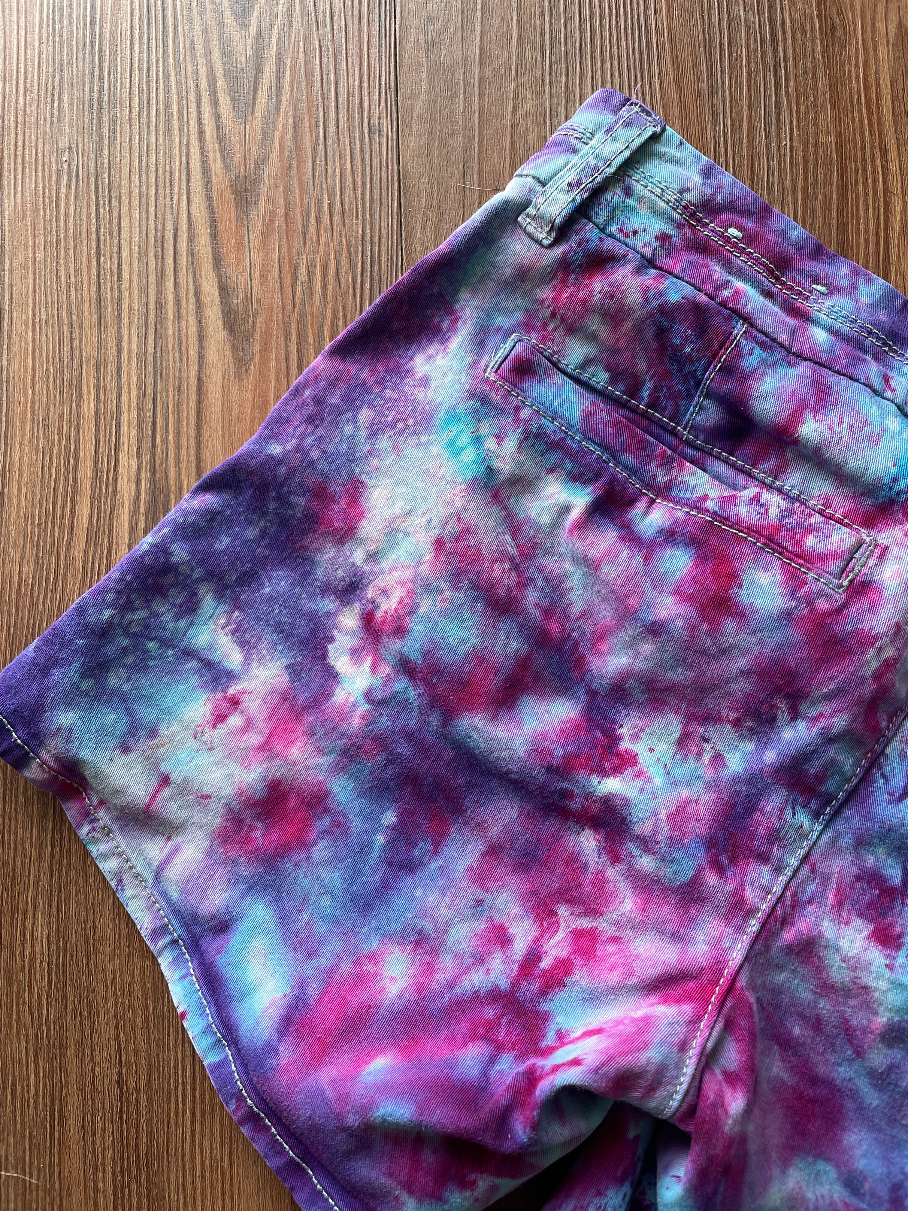 Size 0 Junior's Galaxy  Handmade Tie Dye Shorts | Purple Upcycled American Eagle Midi Shorts WITH POCKETS!