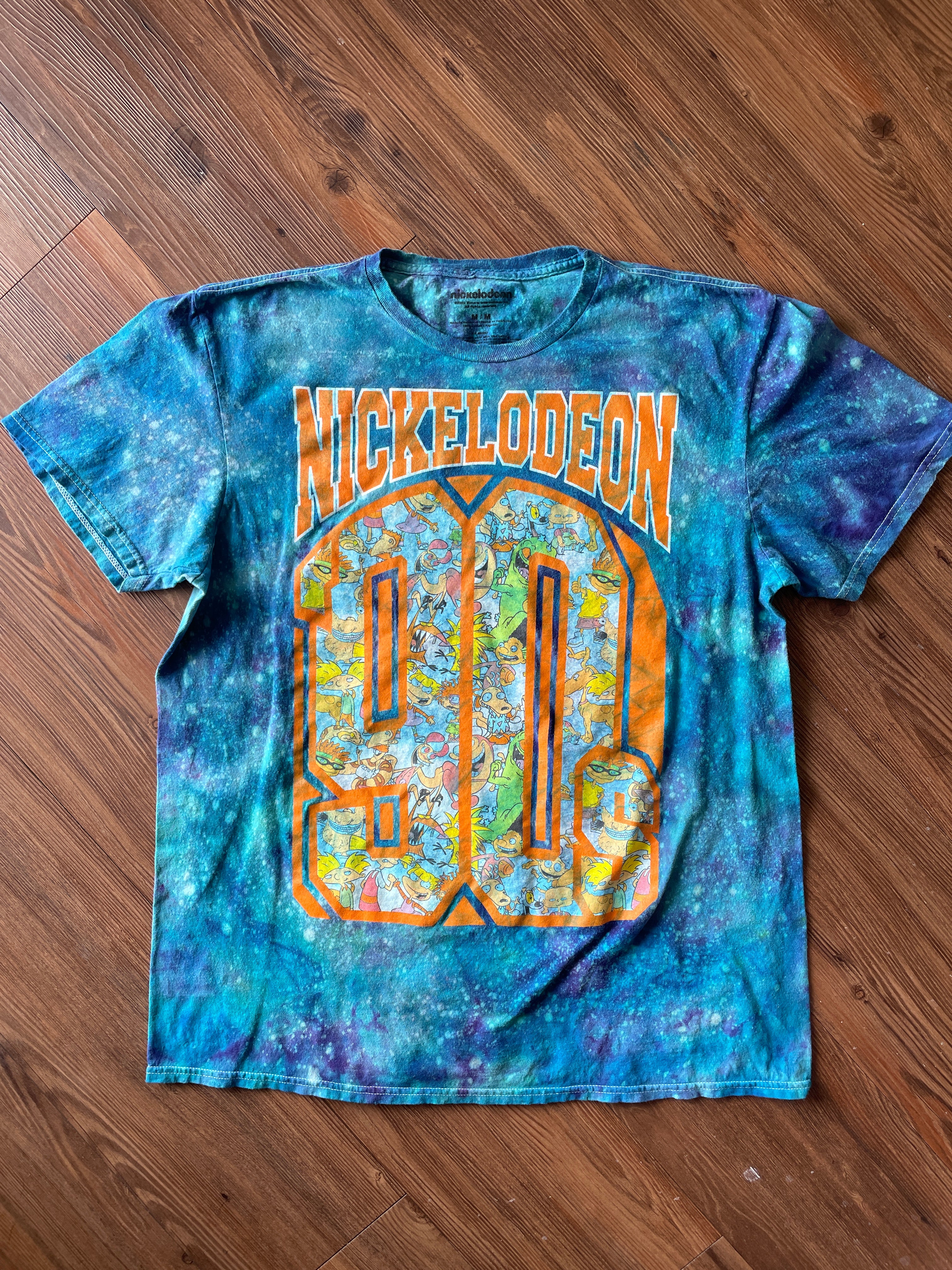 Large Men’s 90s Nickelodeon Handmade Tie Dye T-Shirt | Blue and Orange Galaxy Dye Short Sleeve