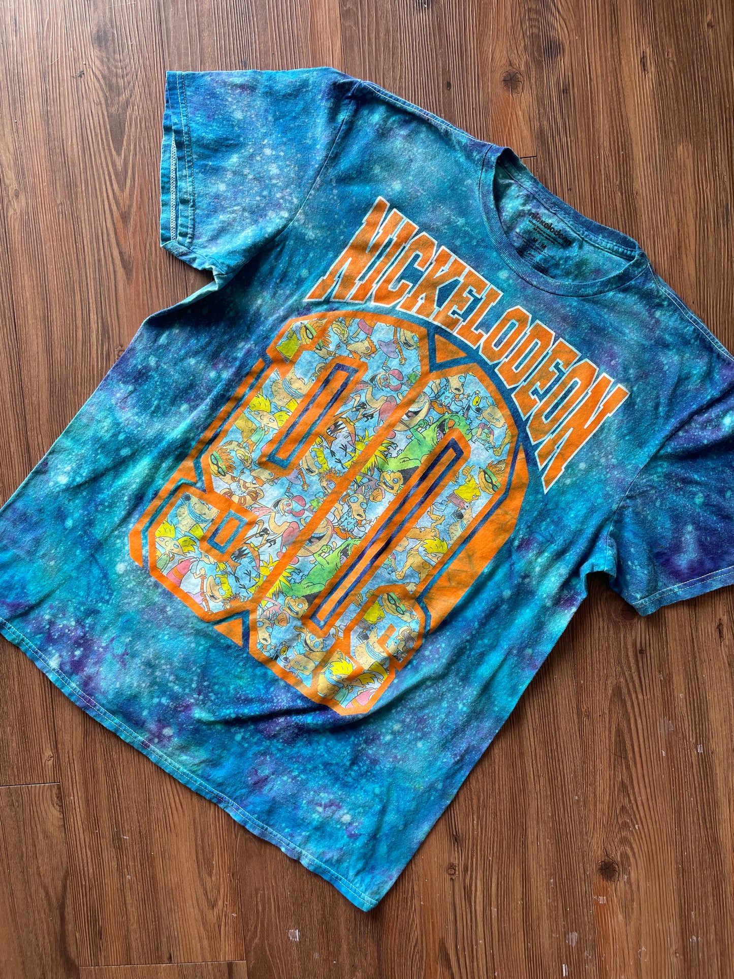 Large Men’s 90s Nickelodeon Handmade Tie Dye T-Shirt | Blue and Orange Galaxy Dye Short Sleeve