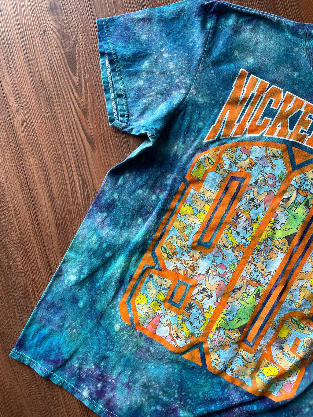Large Men’s 90s Nickelodeon Handmade Tie Dye T-Shirt | Blue and Orange Galaxy Dye Short Sleeve