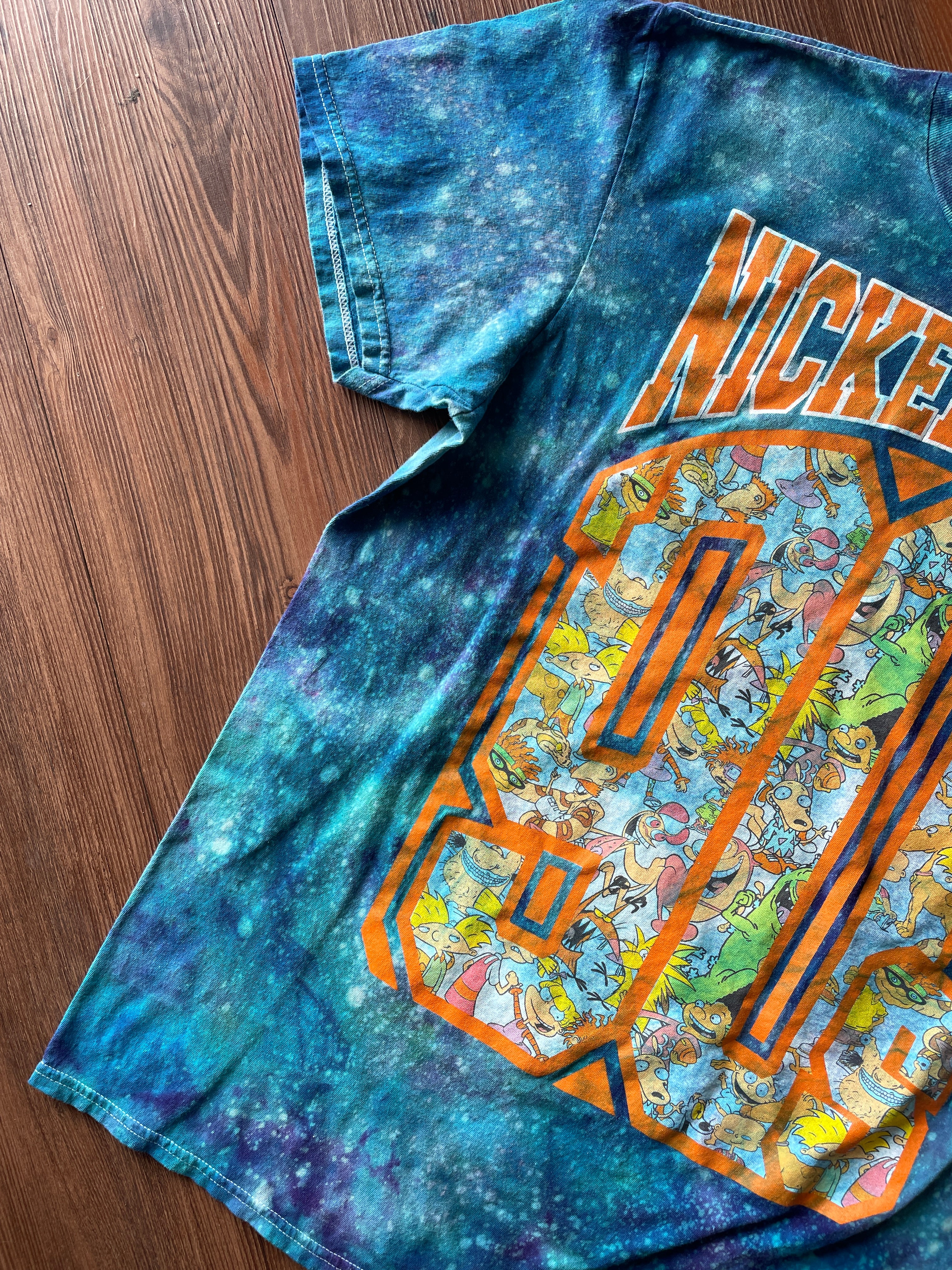 Large Men’s 90s Nickelodeon Handmade Tie Dye T-Shirt | Blue and Orange Galaxy Dye Short Sleeve