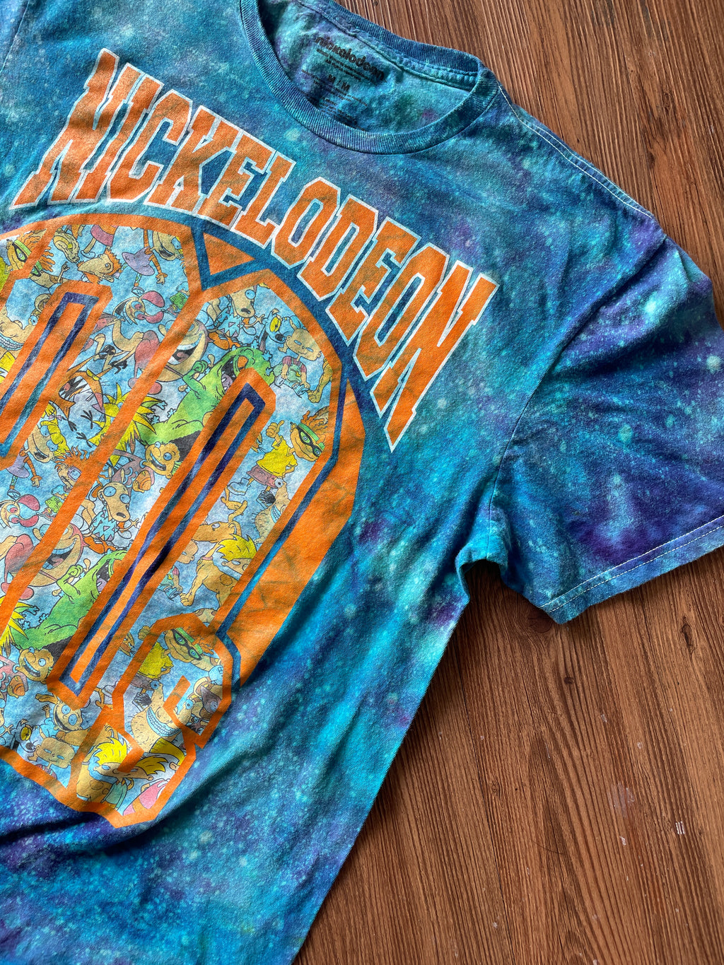 Large Men’s 90s Nickelodeon Handmade Tie Dye T-Shirt | Blue and Orange Galaxy Dye Short Sleeve