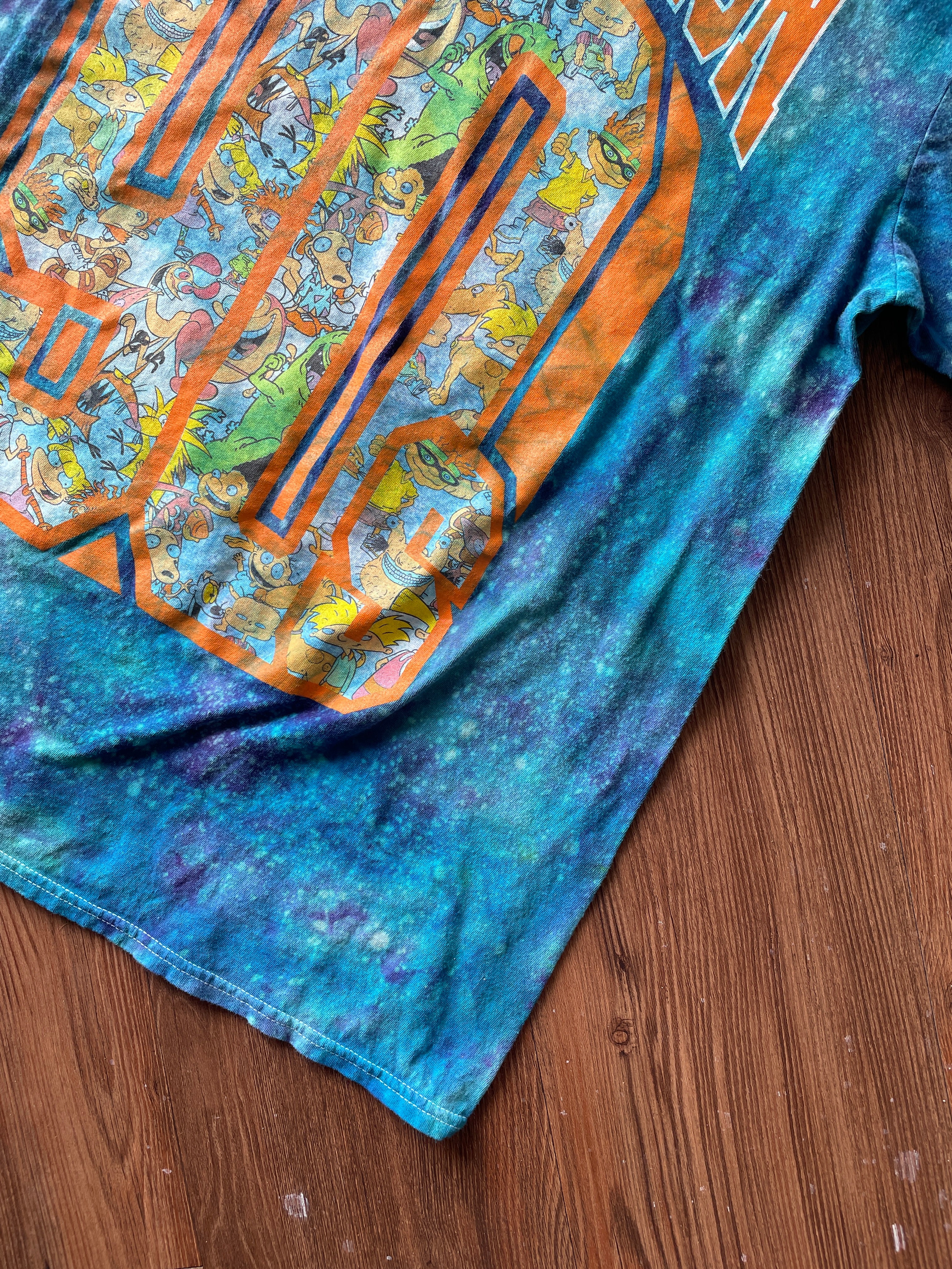 Large Men’s 90s Nickelodeon Handmade Tie Dye T-Shirt | Blue and Orange Galaxy Dye Short Sleeve