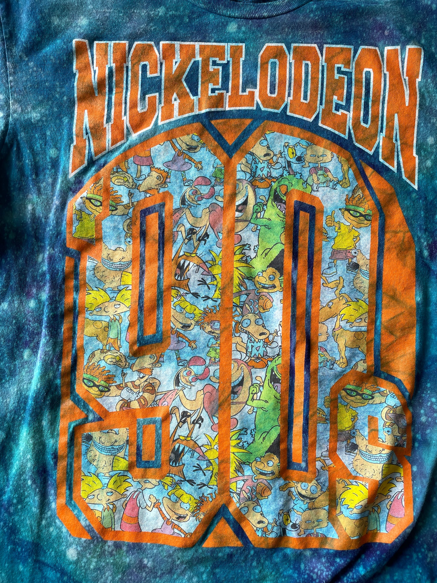 Large Men’s 90s Nickelodeon Handmade Tie Dye T-Shirt | Blue and Orange Galaxy Dye Short Sleeve