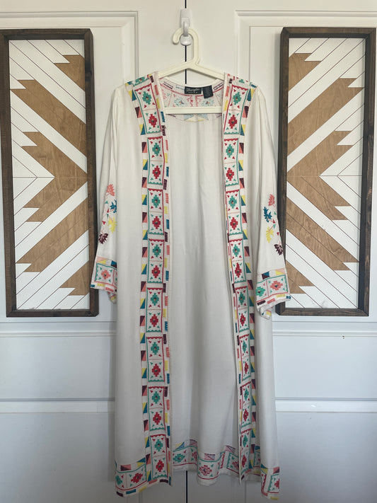 Women’s Small Wrangler Embroidered Duster | White Kimono With Southwestern Accents