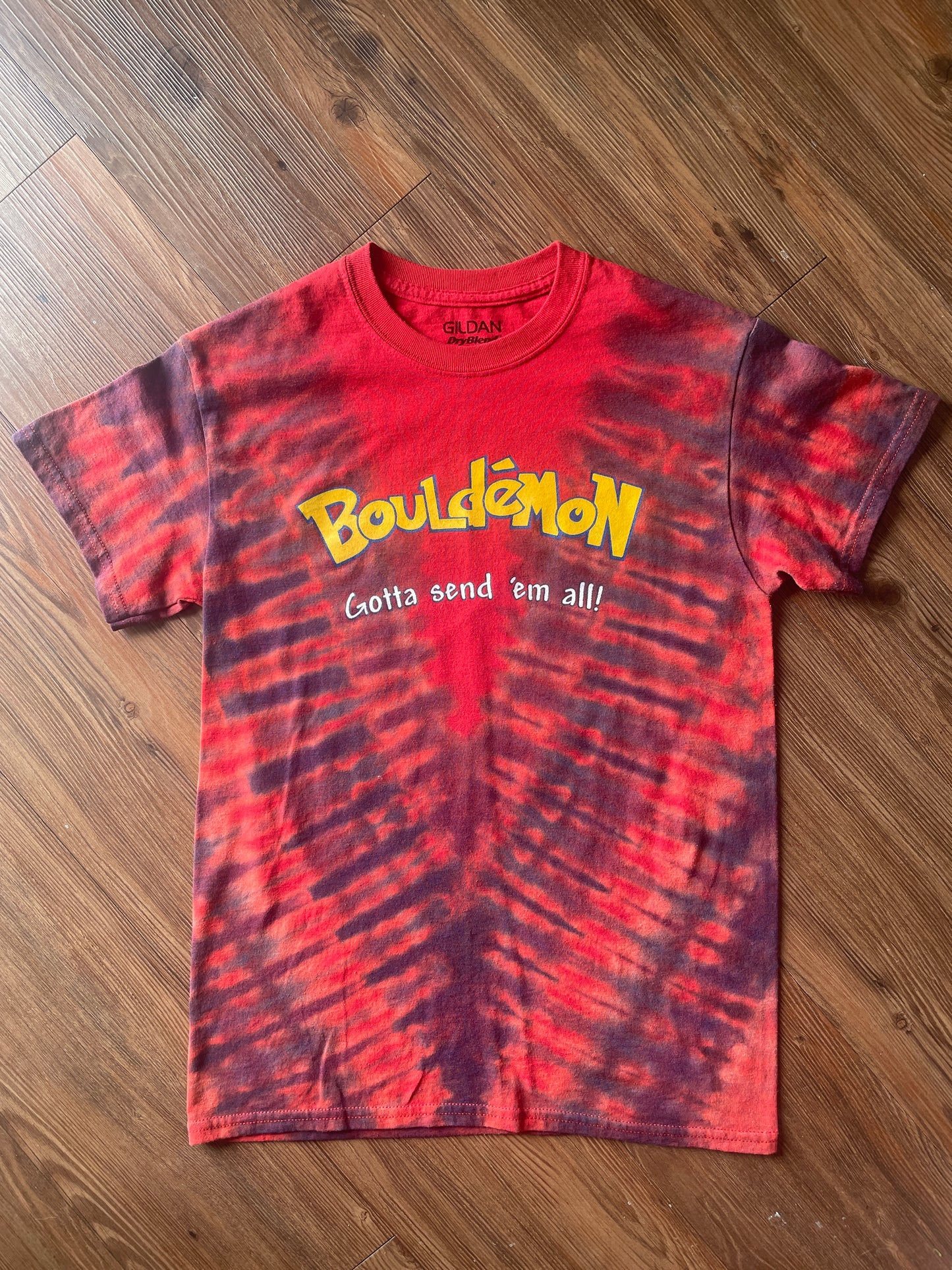 Small Men’s Bouledmon Gotta Send ‘Em All Handmade Tie Dye T-Shirt | Red Bouldering Rock Climbing Tie Dye Short Sleeve