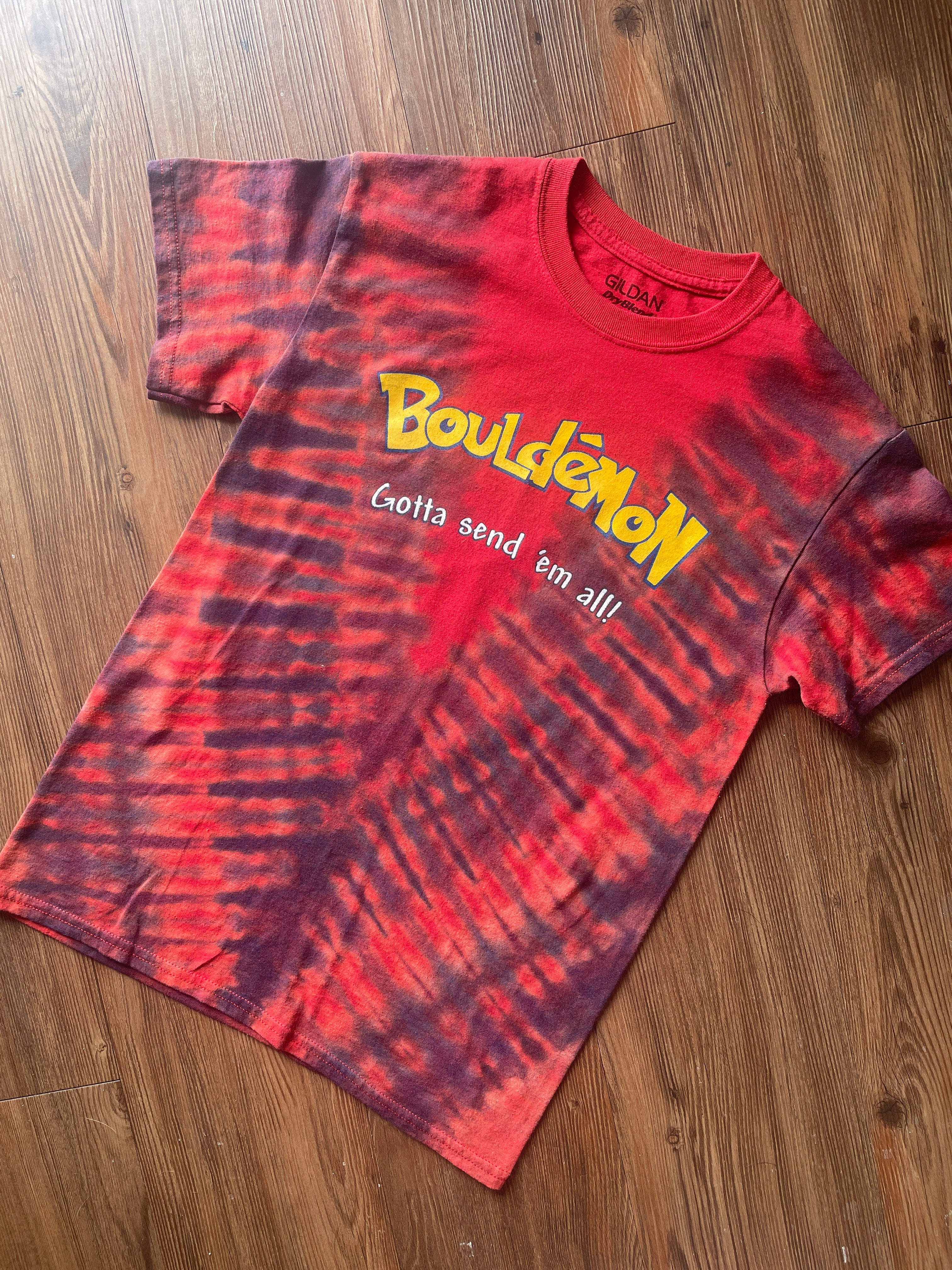 Small Men’s Bouledmon Gotta Send ‘Em All Handmade Tie Dye T-Shirt | Red Bouldering Rock Climbing Tie Dye Short Sleeve