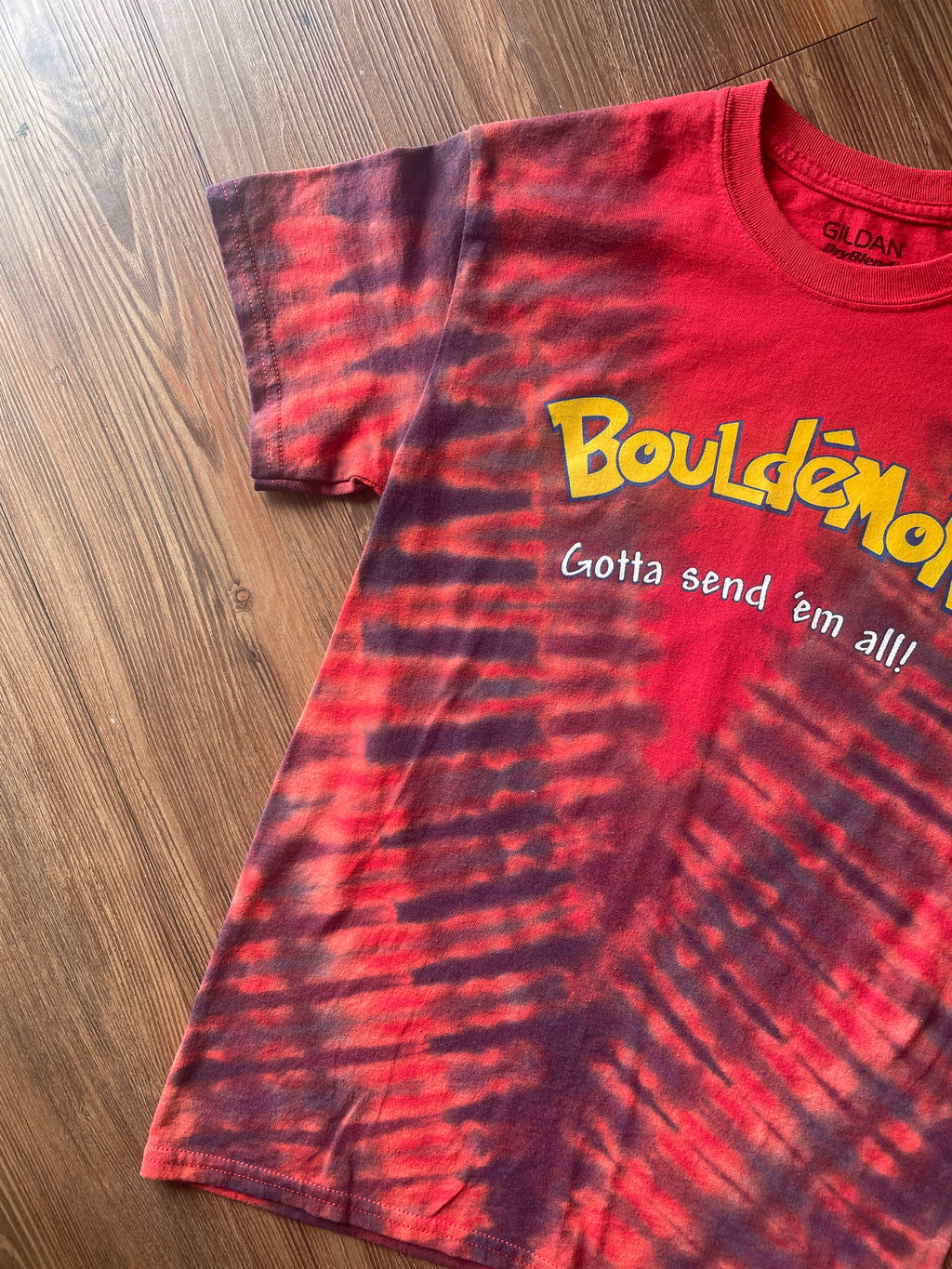 Small Men’s Bouledmon Gotta Send ‘Em All Handmade Tie Dye T-Shirt | Red Bouldering Rock Climbing Tie Dye Short Sleeve