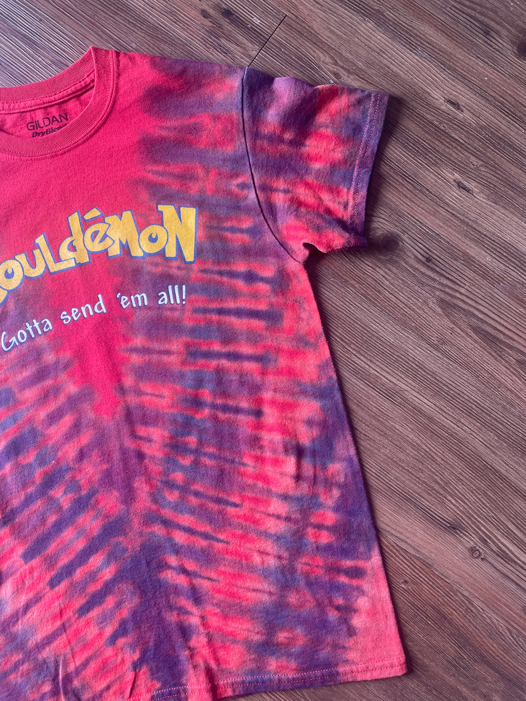 Small Men’s Bouledmon Gotta Send ‘Em All Handmade Tie Dye T-Shirt | Red Bouldering Rock Climbing Tie Dye Short Sleeve