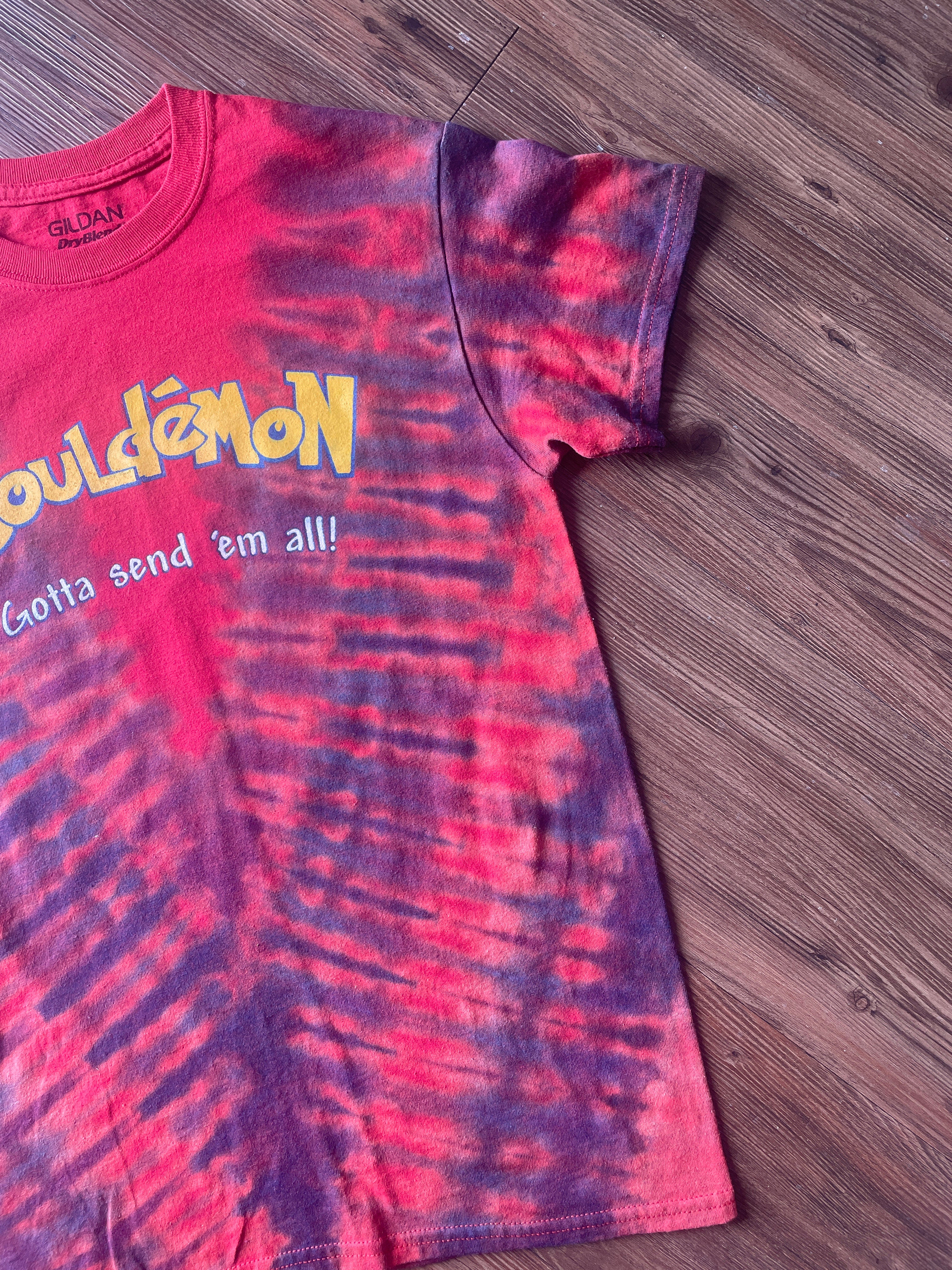 Small Men’s Bouledmon Gotta Send ‘Em All Handmade Tie Dye T-Shirt | Red Bouldering Rock Climbing Tie Dye Short Sleeve