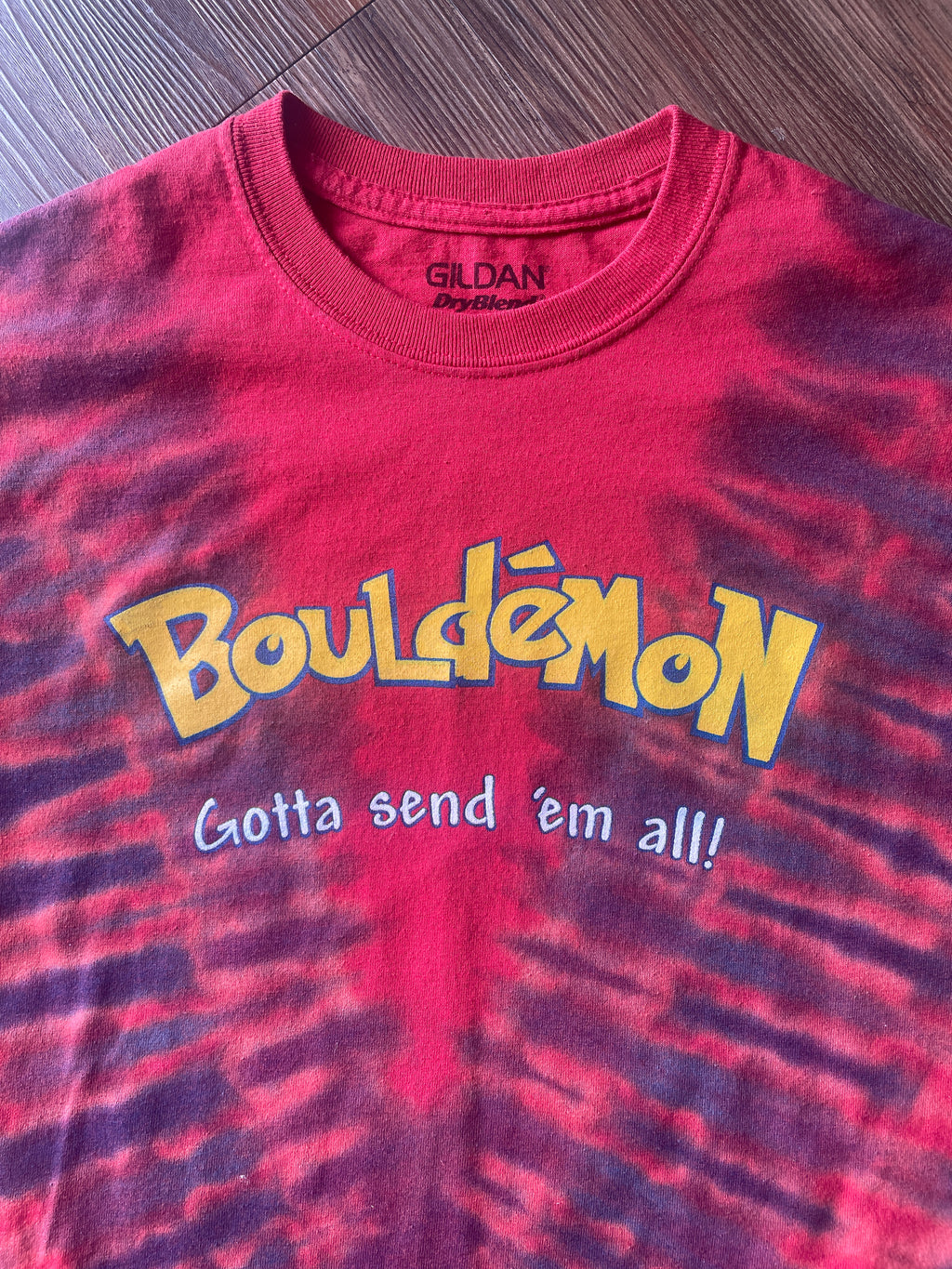 Small Men’s Bouledmon Gotta Send ‘Em All Handmade Tie Dye T-Shirt | Red Bouldering Rock Climbing Tie Dye Short Sleeve