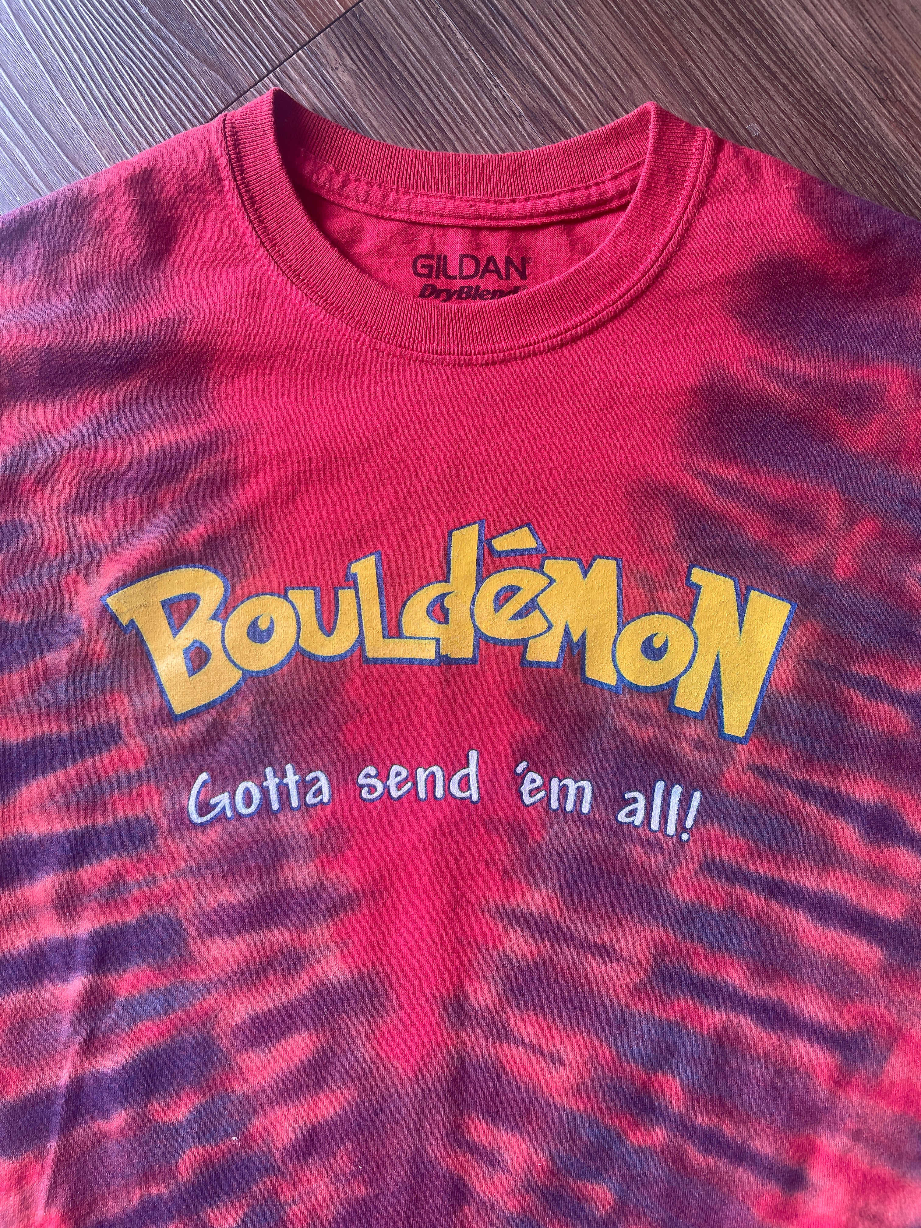 Small Men’s Bouledmon Gotta Send ‘Em All Handmade Tie Dye T-Shirt | Red Bouldering Rock Climbing Tie Dye Short Sleeve