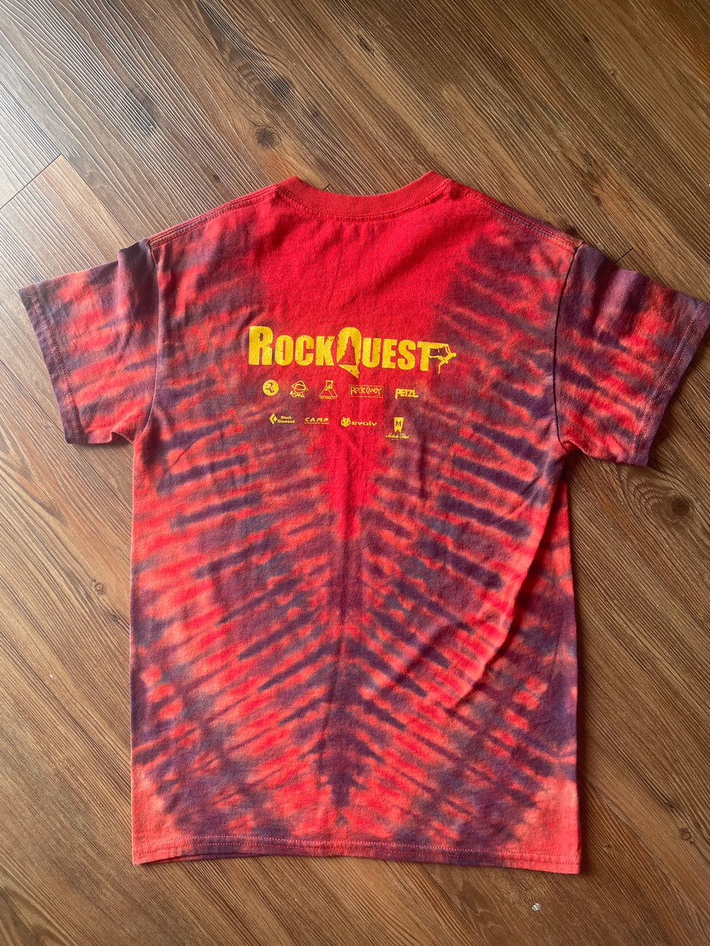 Small Men’s Bouledmon Gotta Send ‘Em All Handmade Tie Dye T-Shirt | Red Bouldering Rock Climbing Tie Dye Short Sleeve