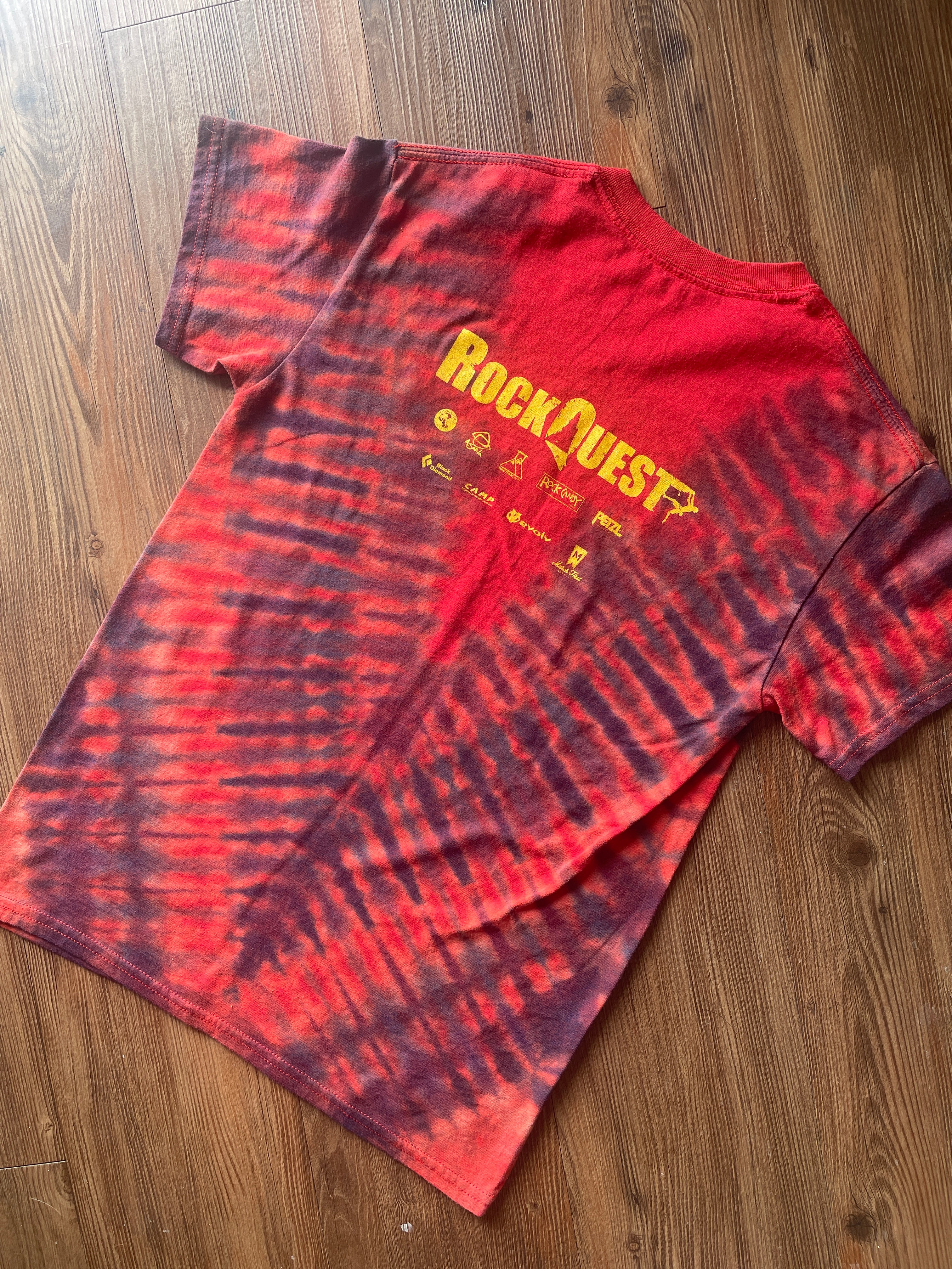 Small Men’s Bouledmon Gotta Send ‘Em All Handmade Tie Dye T-Shirt | Red Bouldering Rock Climbing Tie Dye Short Sleeve